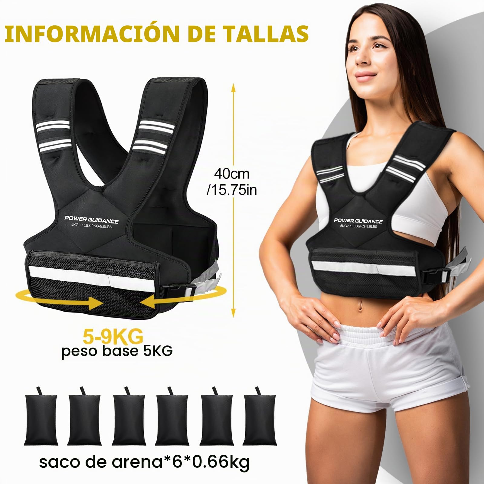 Chaleco Lastrado POWER GUIDANCE - Ajustable de 5 a 14,4 kg con Rayas Reflectantes | Ideal para Correr y Entrenamiento de Fuerza | Diseño Transpirable para Hombres y Mujeres