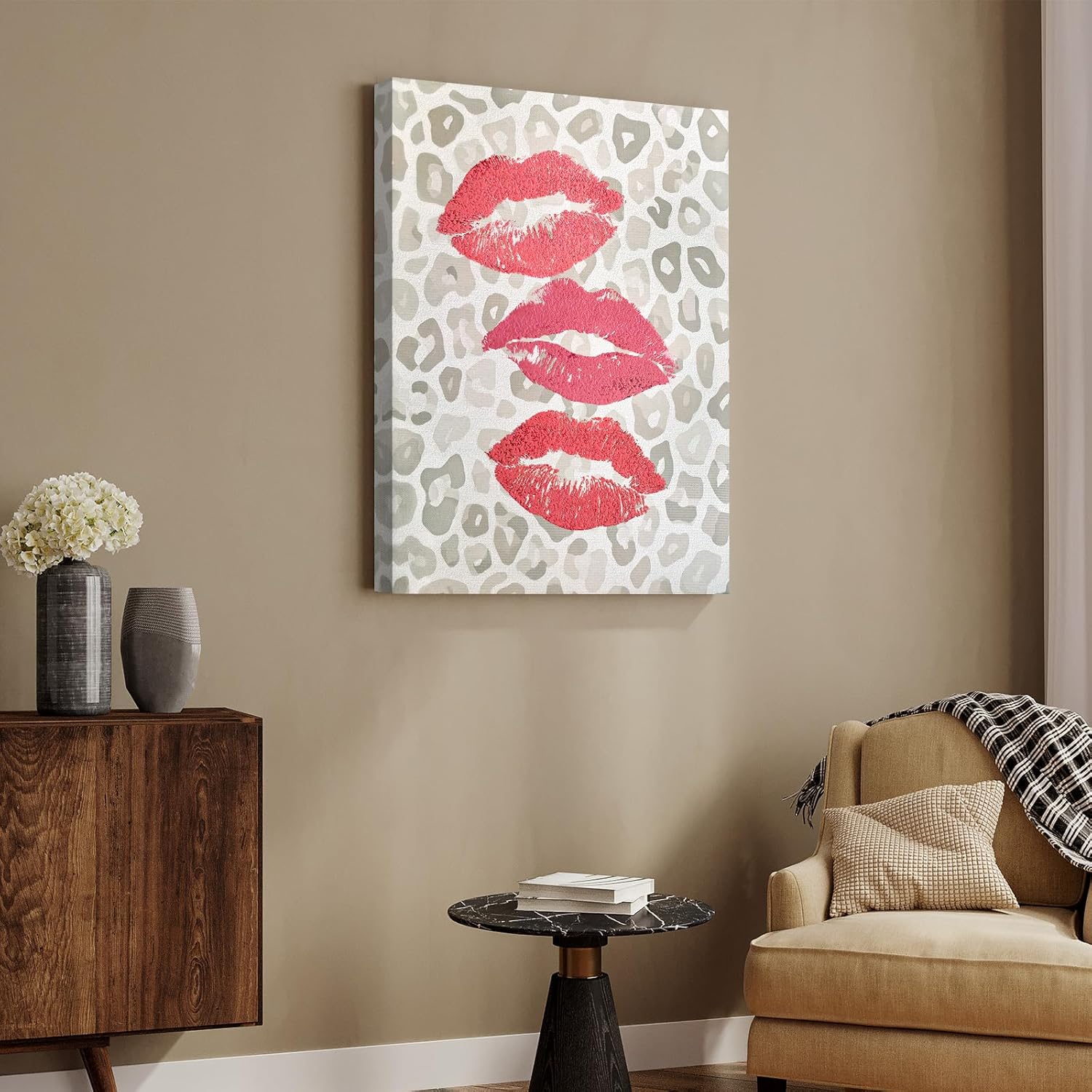 llribbons Leopard Pink Lips Canvas Wall Art, Fashion Sexy Lip Prints Hand Painted Pictures Modern 3D Textured Artwork for Living Room Bedroom Bathroom Office Home Makeup Room Decor Framed 12" x 16"