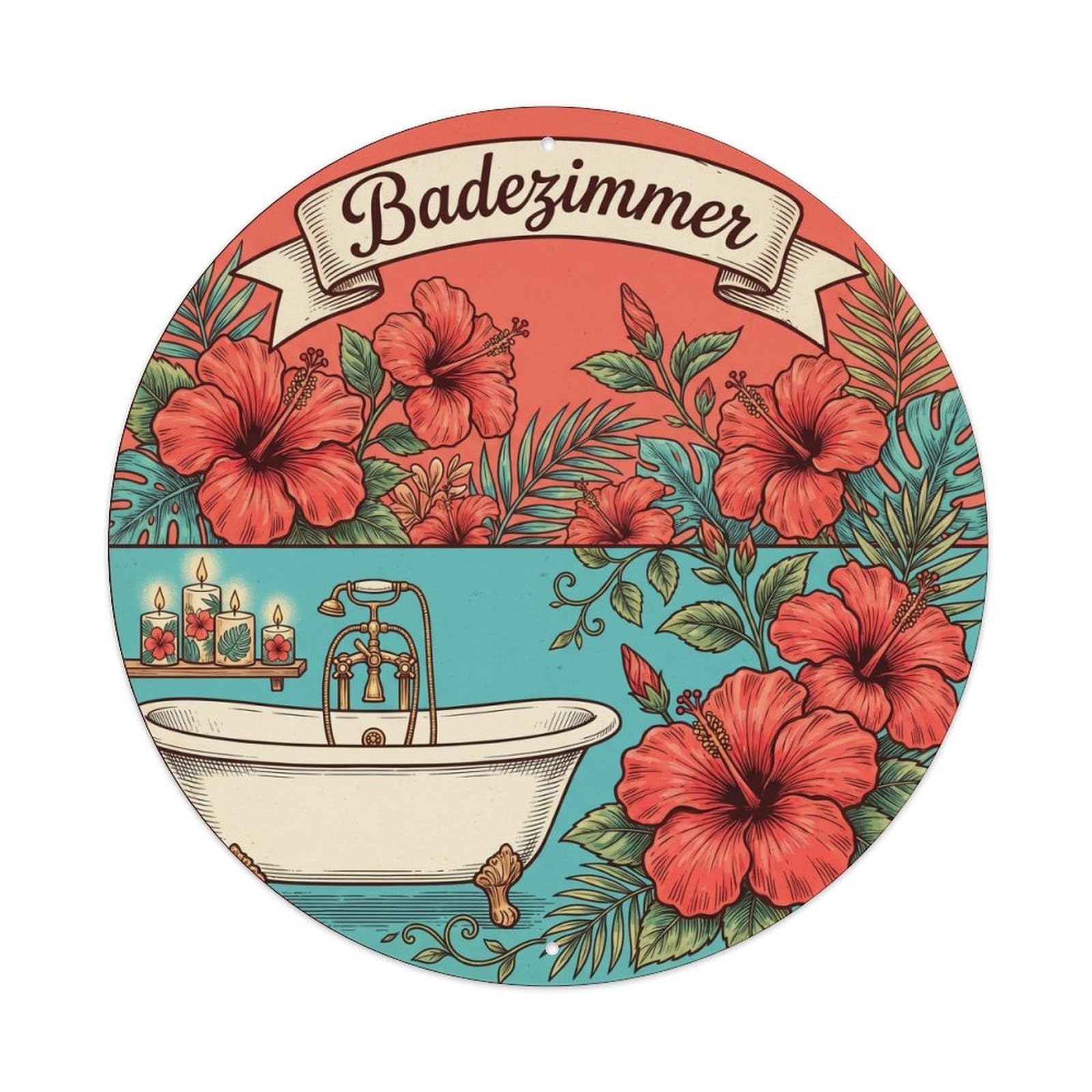 Yrnq Vintage Style Bathroom Hibiscus Floral Bathroom Decor Vintage Metal Tin Sign Plaque Wall Decor For Cafe, Club, Garden Round Metal Poster 8X8inch