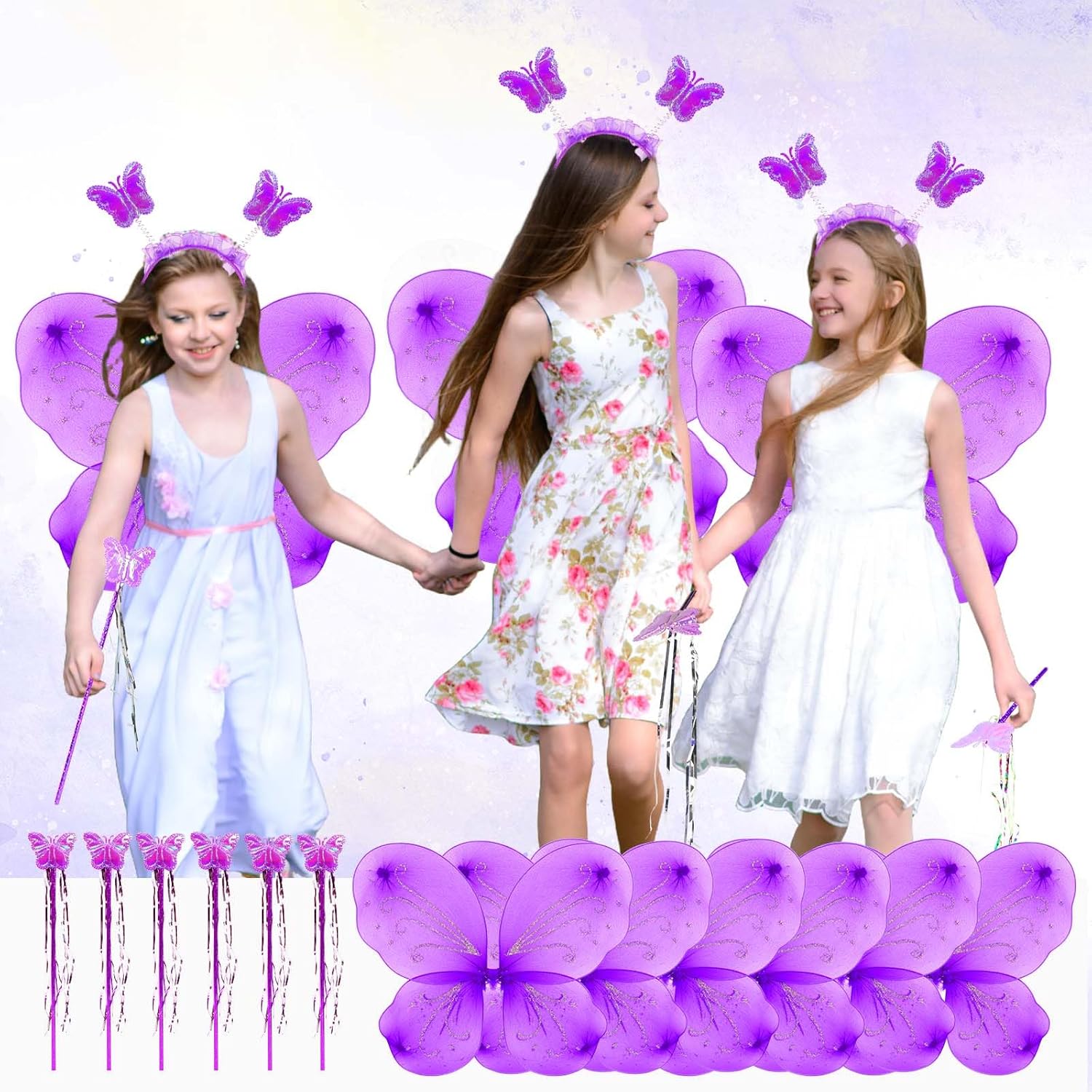 12 Sets Butterfly Fairy Wings, Butterfly Wings Princess Wand and Headband Set Purple Glitter Fairy for Sparkle Princess Wings Halloween Birthday Party Favors Accessories