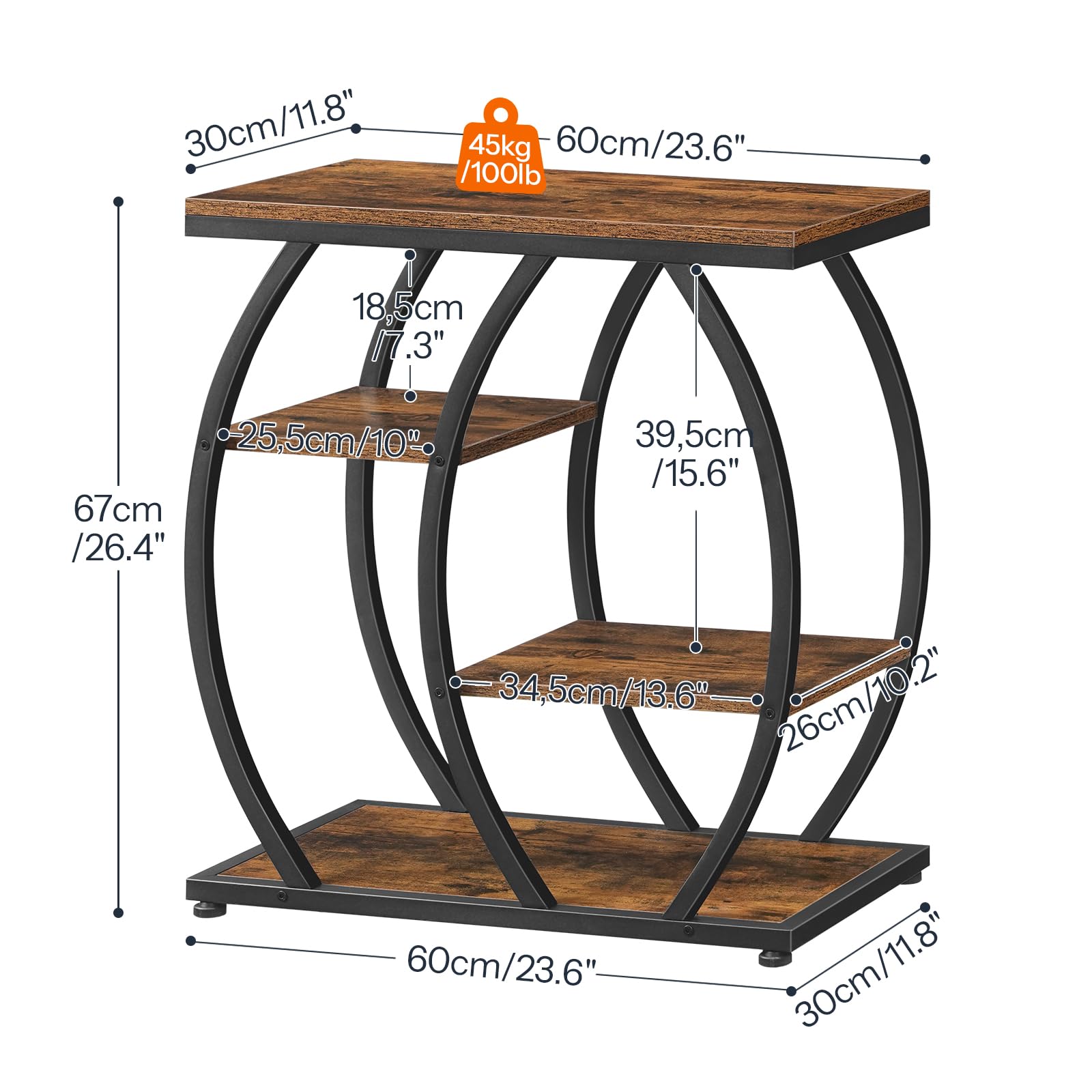 HOOBRO Mesa Auxiliar Estilo Industrial, Mesita de Centro con 4 Estantes, Mesa de Sofá Estrecha con Tableros y Estructura Metálica, para Sala, Dormitorio o Despacho, Marrón Vintage y Negro EBF164BZ01