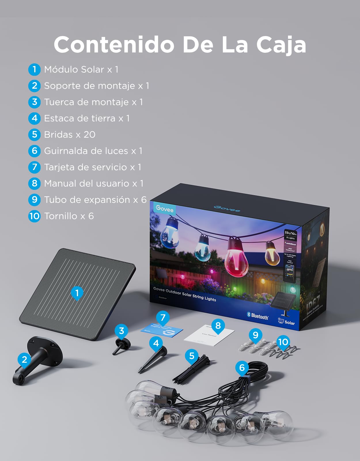 Govee Guirnaldas Luces Exterior Solar 10m, RGBICW con 16M de Colores, 50lm | 112 Modos Escena y Control App, Solo Bluetooth, 8 LED Regulables Irrompibles, 4800mAh, IP67 para Jardín, Terraza, Balcon
