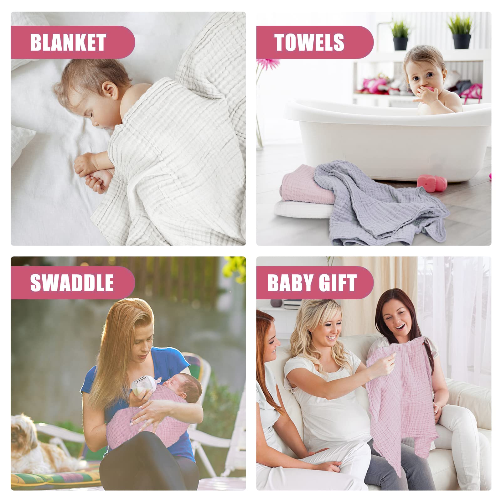 Asciugamani da bagno in mussola per bambini, ultra morbidi e assorbenti, asciugamano in mussola per bambini, 6 strati in cotone naturale, adatto per ragazze 101,6 x 101,6 cm (bianco, rosa e grigio)