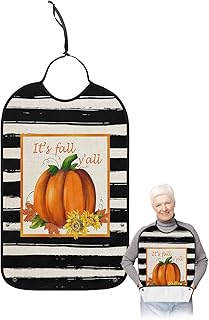 BOBOWUNY Thanksgiving Adult Bibs for Elder Women Men Eating, Black White Striped Pumpkin Sunflower Waterproof & Washable Bibs for Eating Clothing Protector Dining Bibs for Crumb Catcher
