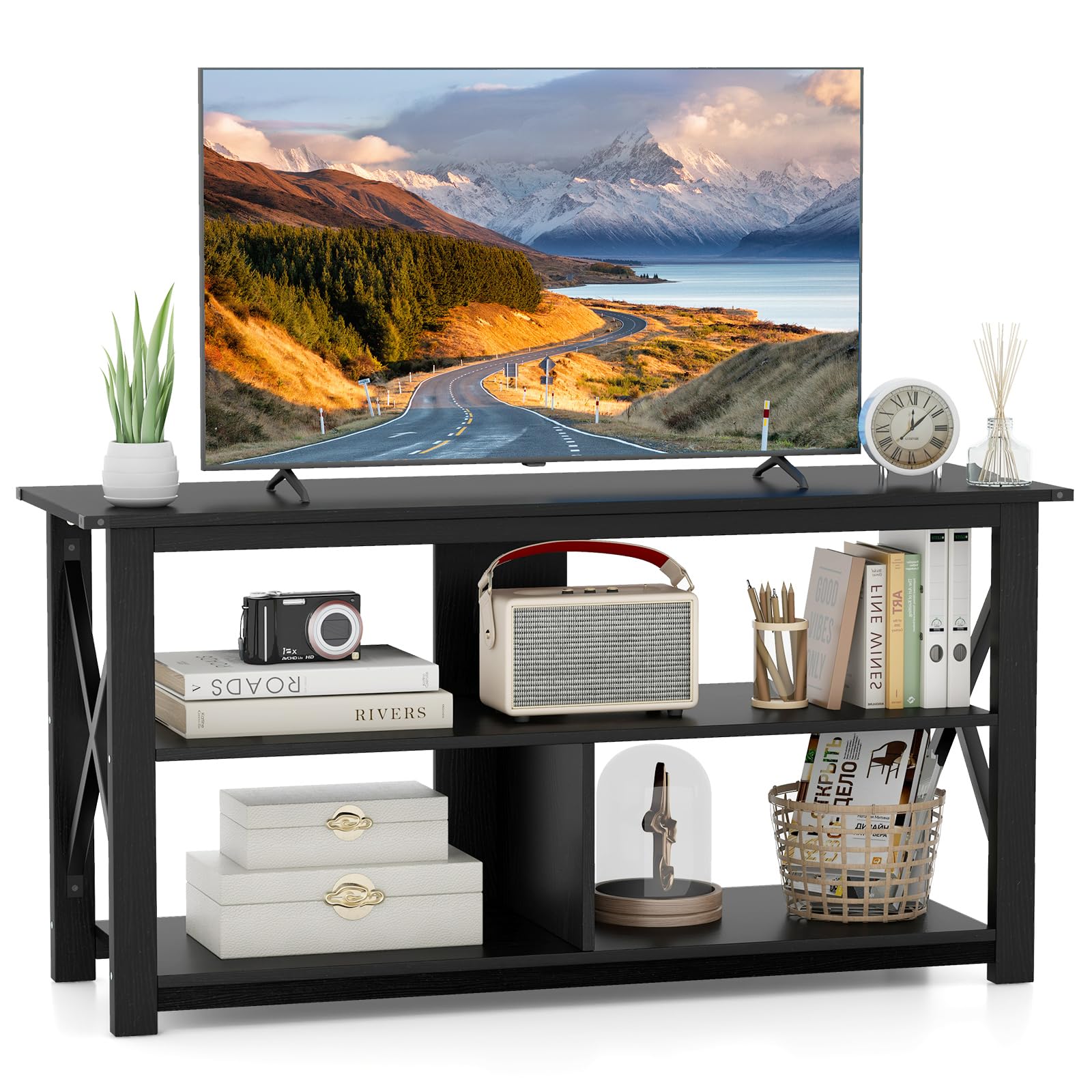 Amazon.com: Tangkula Wood TV Stand with Open Shelves and X-Shaped