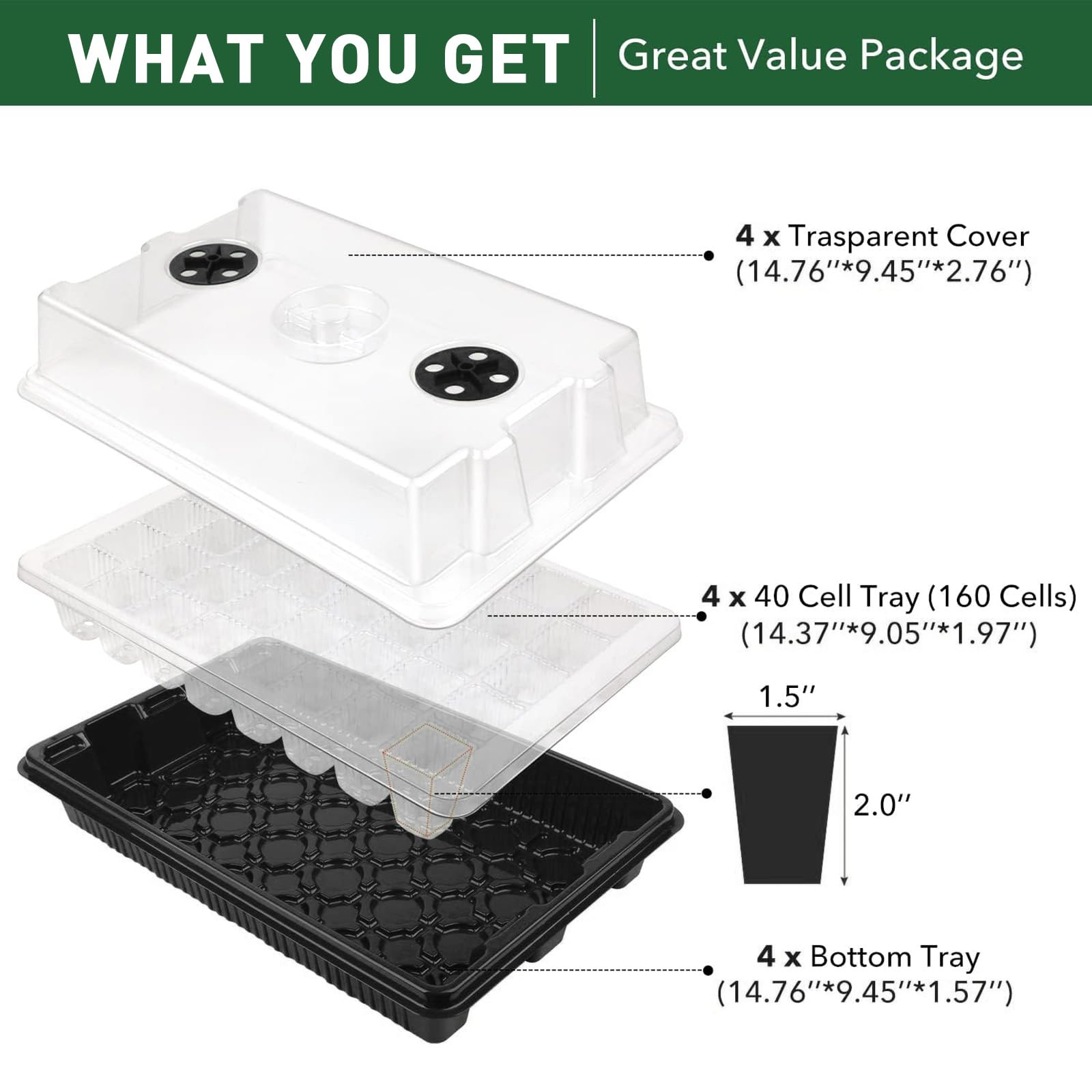 YAUNGEL Vassoi per semi, XL addensato 38x24x12 cm mini kit di coltivazione con coperchio e ventilazione per semi e piantine, 4 Pack 160 fori di semina per semi e piantine, Nero