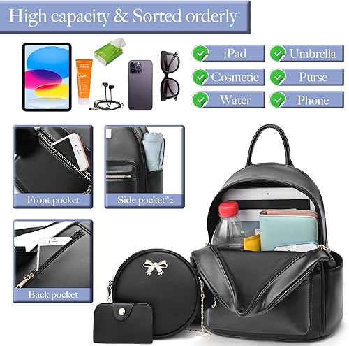 Miniatura 5 de BESYIGA Mochila de moda para mujer, 3 piezas, de cuero, mini mochila para mujer, mochila escolar con pompón, mochilas de viaje, Rosado, Mochilas