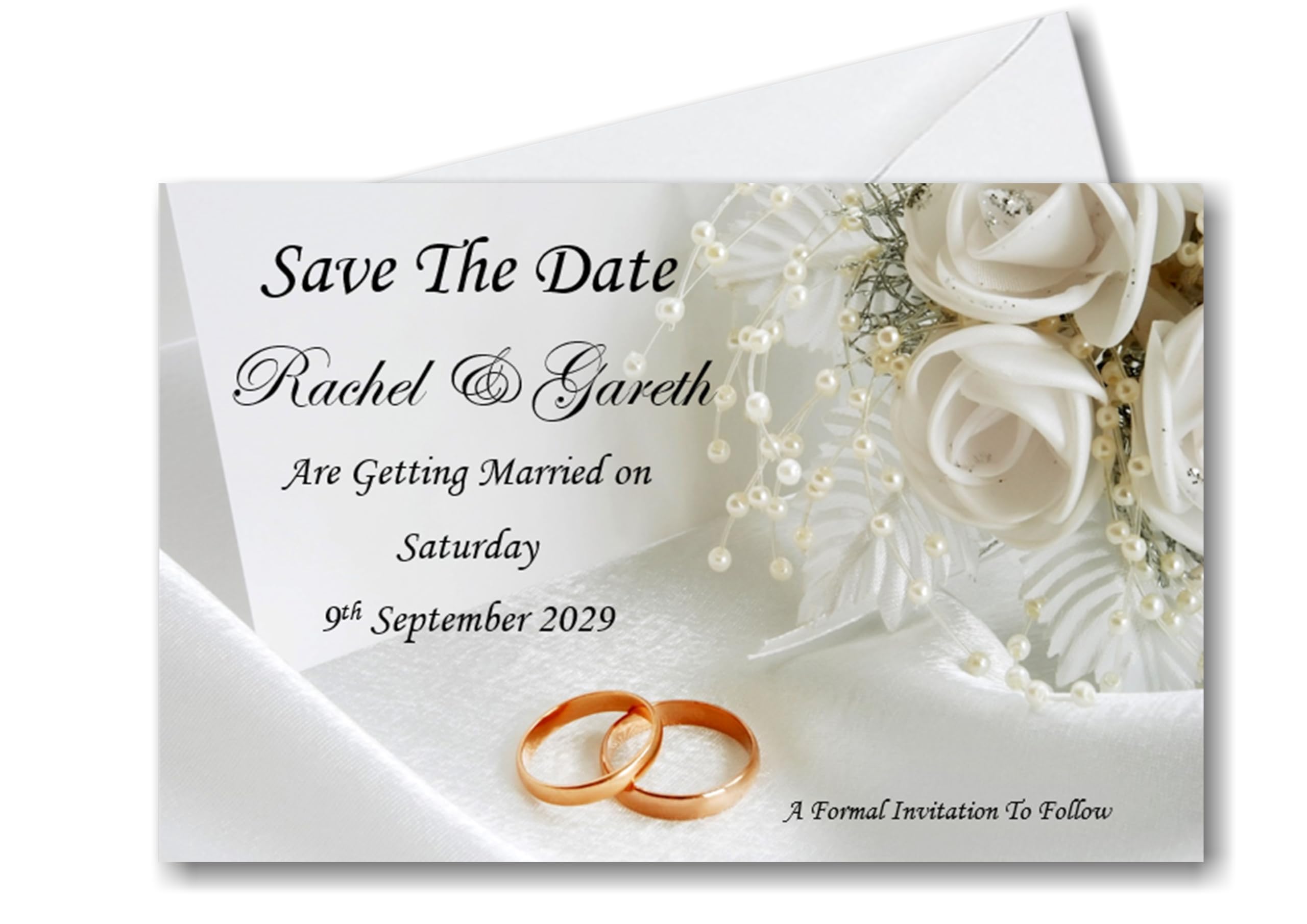 30 Personalised White Rose Wedding Day Save The Date Cards With Envelopes SD20