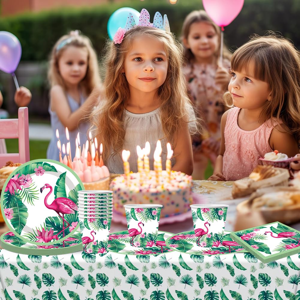 Vajilla Desechable De Cumpleaños Temática Flamenco/Hawaiana | Para 20 Personas | Incluye Platos, Vasos, Servilletas Y Mantel