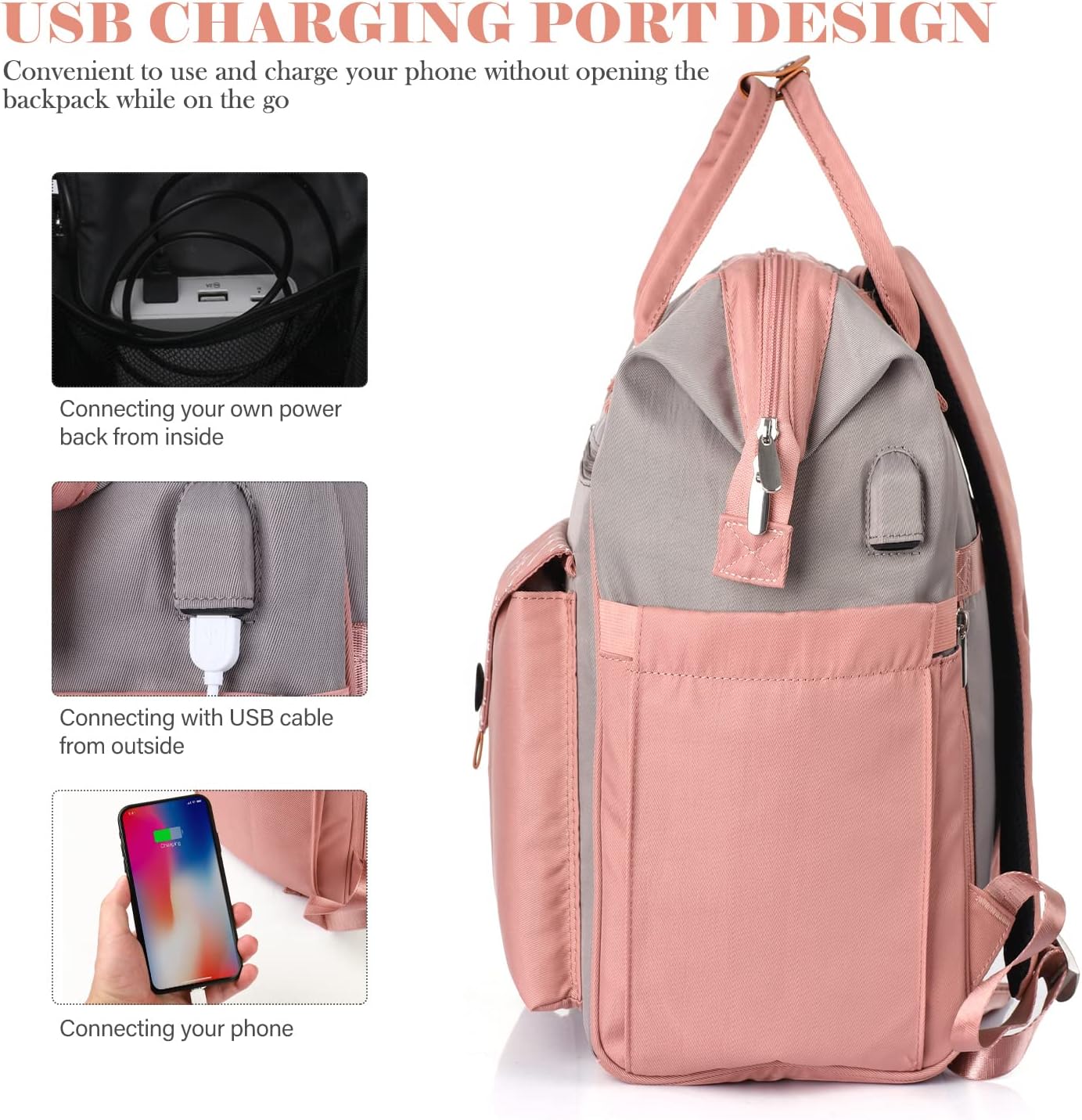 MOMUVO Laptop Backpack for Women with USB Port, Student Bookbag Water Resistant Backpacks Teacher Doctor Nurse Work Stylish Travel Bags, Fits 17-Inch Laptop,Pink