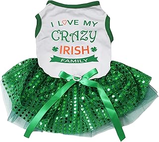 Petitebella I Love My Crazy Irish Family Puppy Dog Dress (White/Green Sequins, Large)