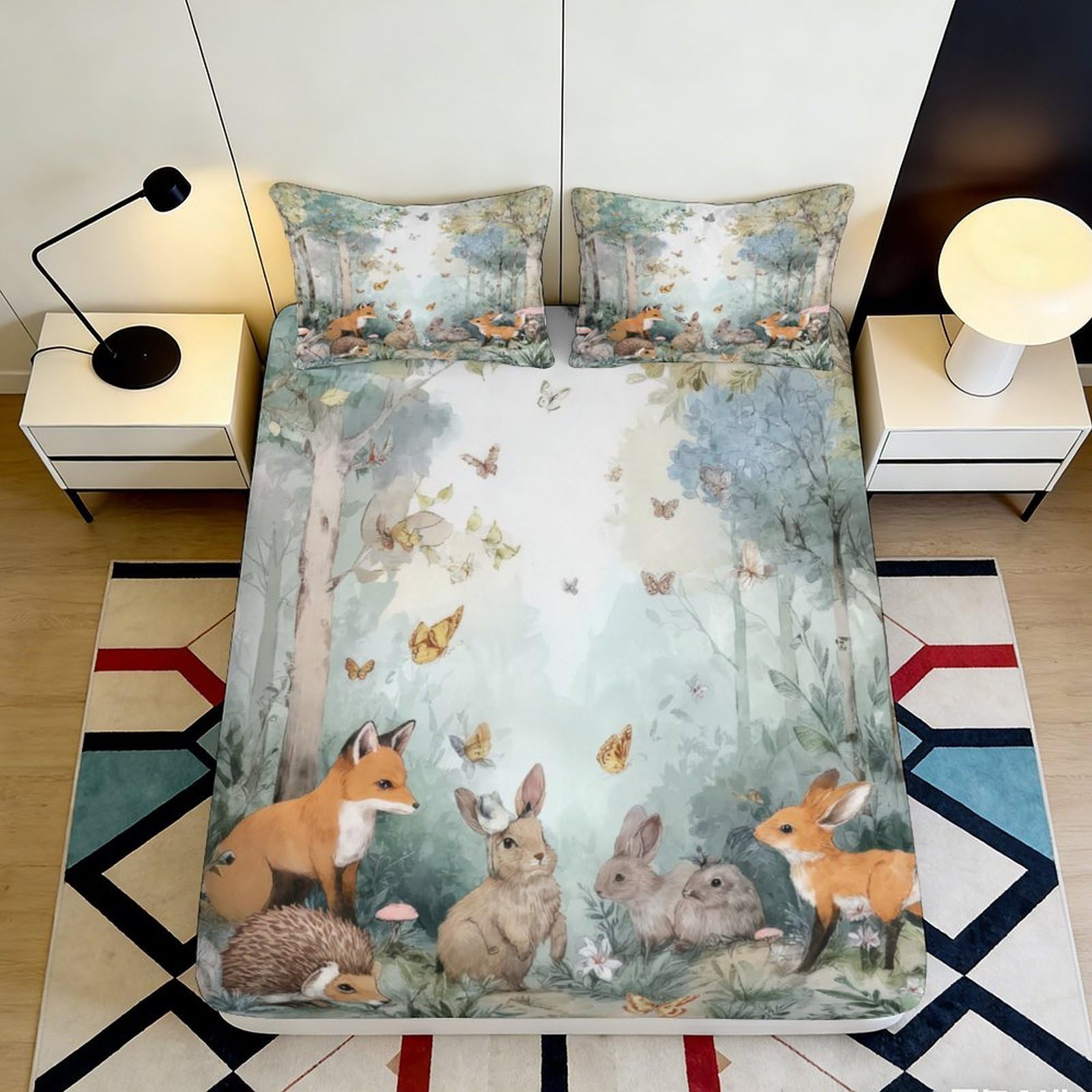 3D Printed Woodland Fox Forest Fitted Sheet Microfiber Soft Animal Rabbit Butterfly Mattress Cover for Bedroom Decor 120x200x25cm