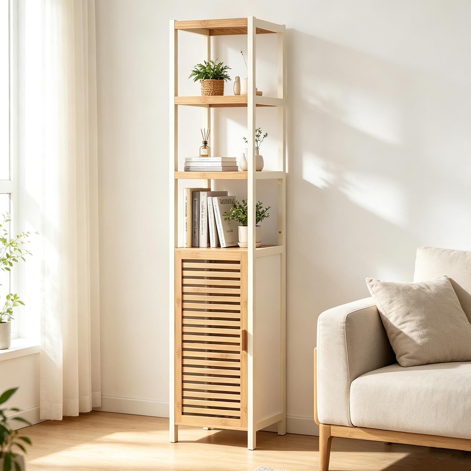 Badezimmerschrank Schmal, Badregal Bambus mit 3 Offene Fächern und Schrank, Hochschrank Bad 33x33x165cm, Toilettenschrank für Badezimmer, Wohnzimmer, Küche