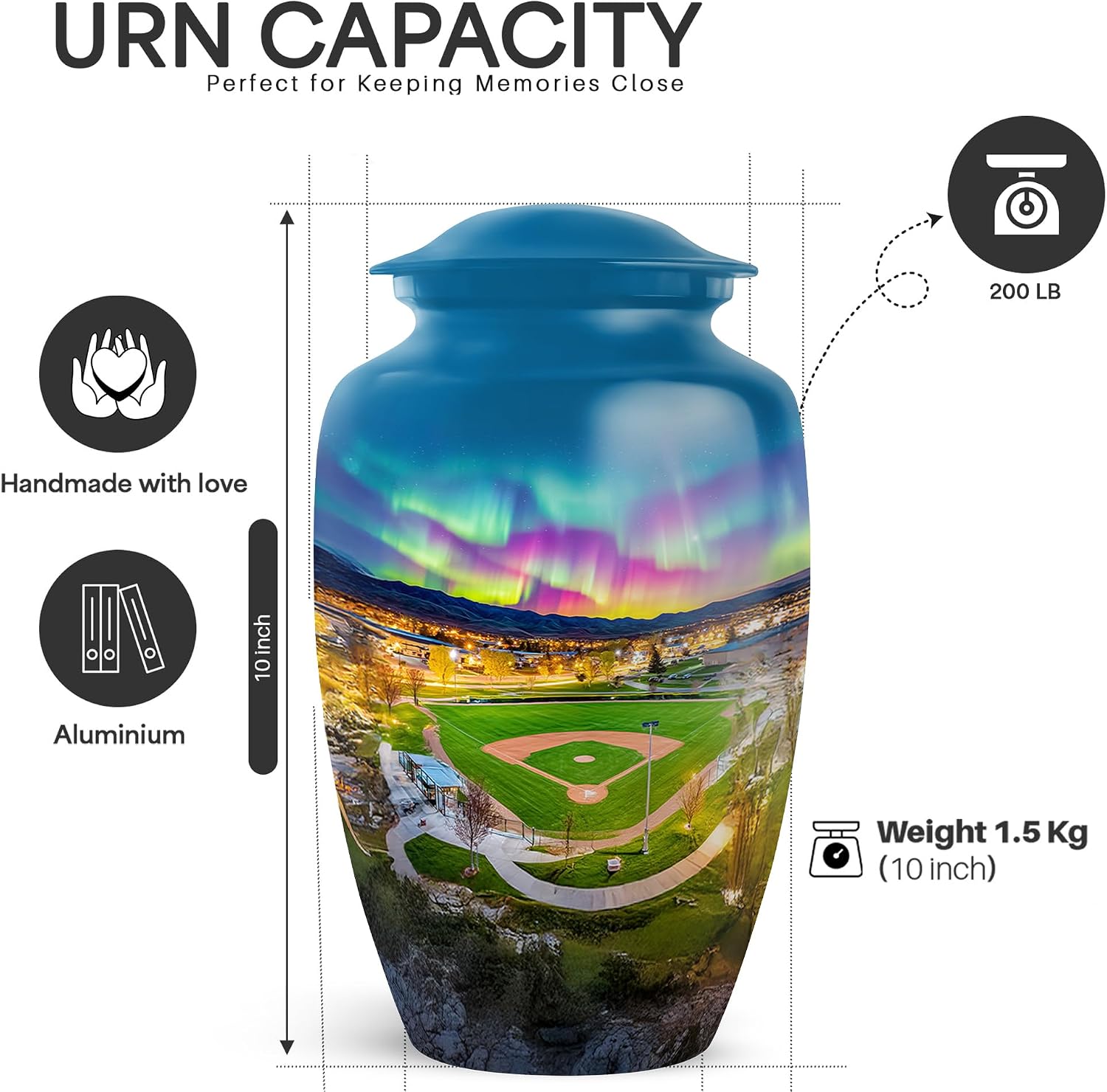Yatskia Baseball Ground with Northern Lights Large Funeral Urns for Human Ashes Adult Male and Female, Decorative Memorial Urn for Ashes Adult, (Classic Large, 10 Inch)
