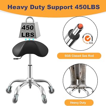 Saddle Stool, Adjustable Ergonomic PU Leather Rolling Drafting Chair, Black