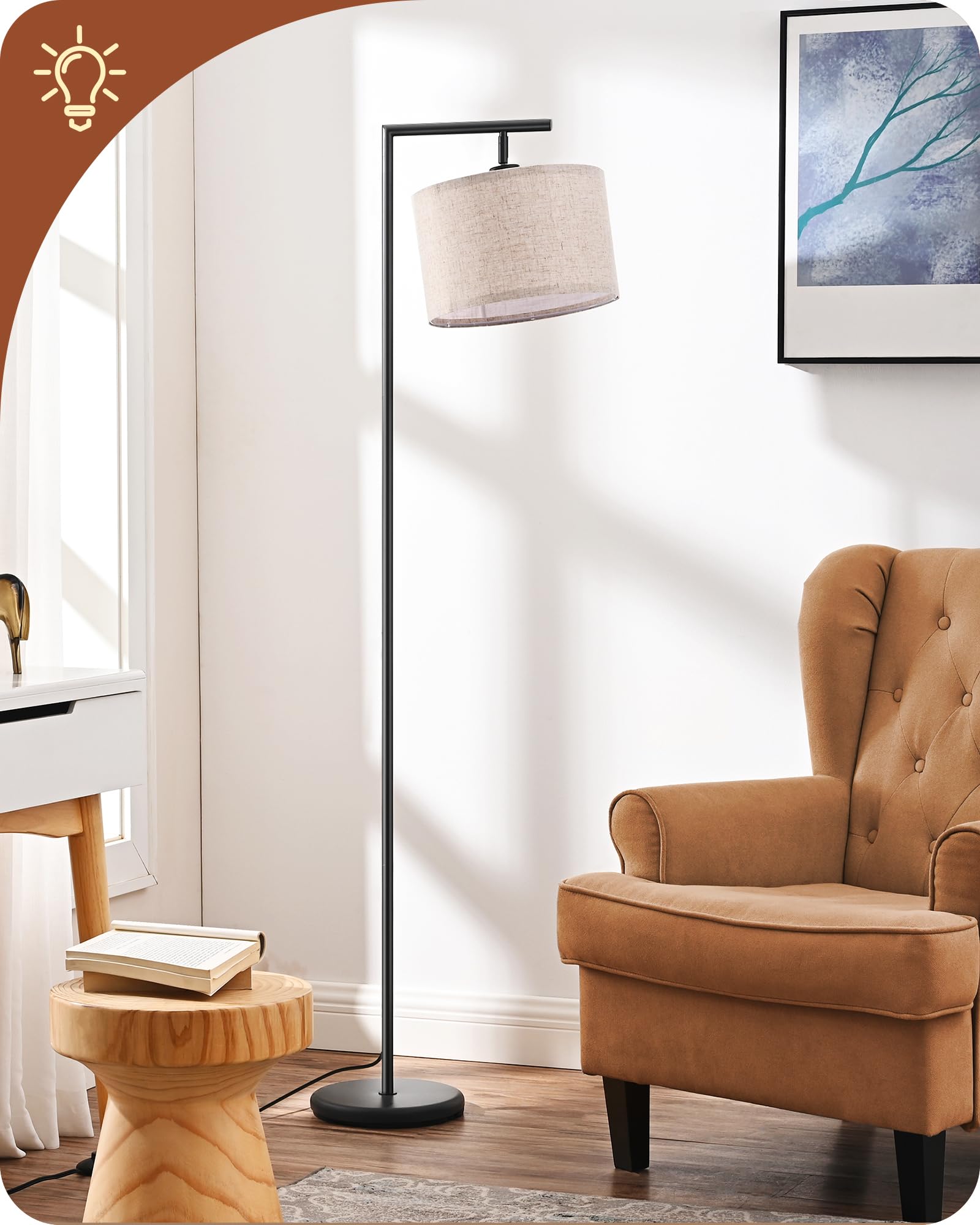 EDISHINE Lampada da Terra per Soggiorno con Paralume in Lino Beige con Angolo Regolabile, Attacco E27, Lampadine Non Incluse, Lampada da Terra in Metallo con Interruttore a Pedale