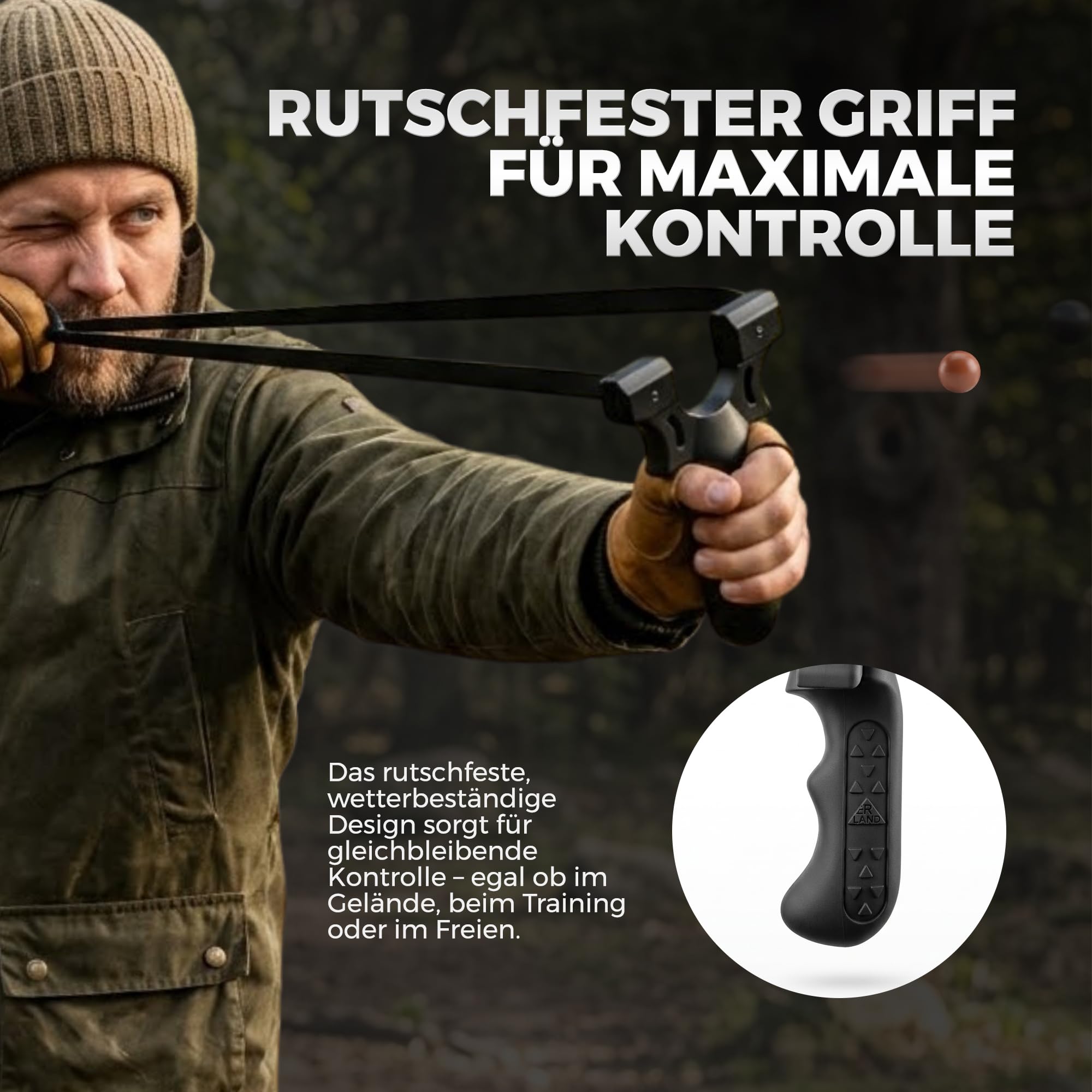 Erland Steinschleuder Profi Set - Jagd Schleuder Zwille für Erwachsene mit Steinschleuder Gummi und 100g Tonkugeln für Slingshot Professional – präzise Schleuder Katapult für Outdoor Spiele Erwachsene