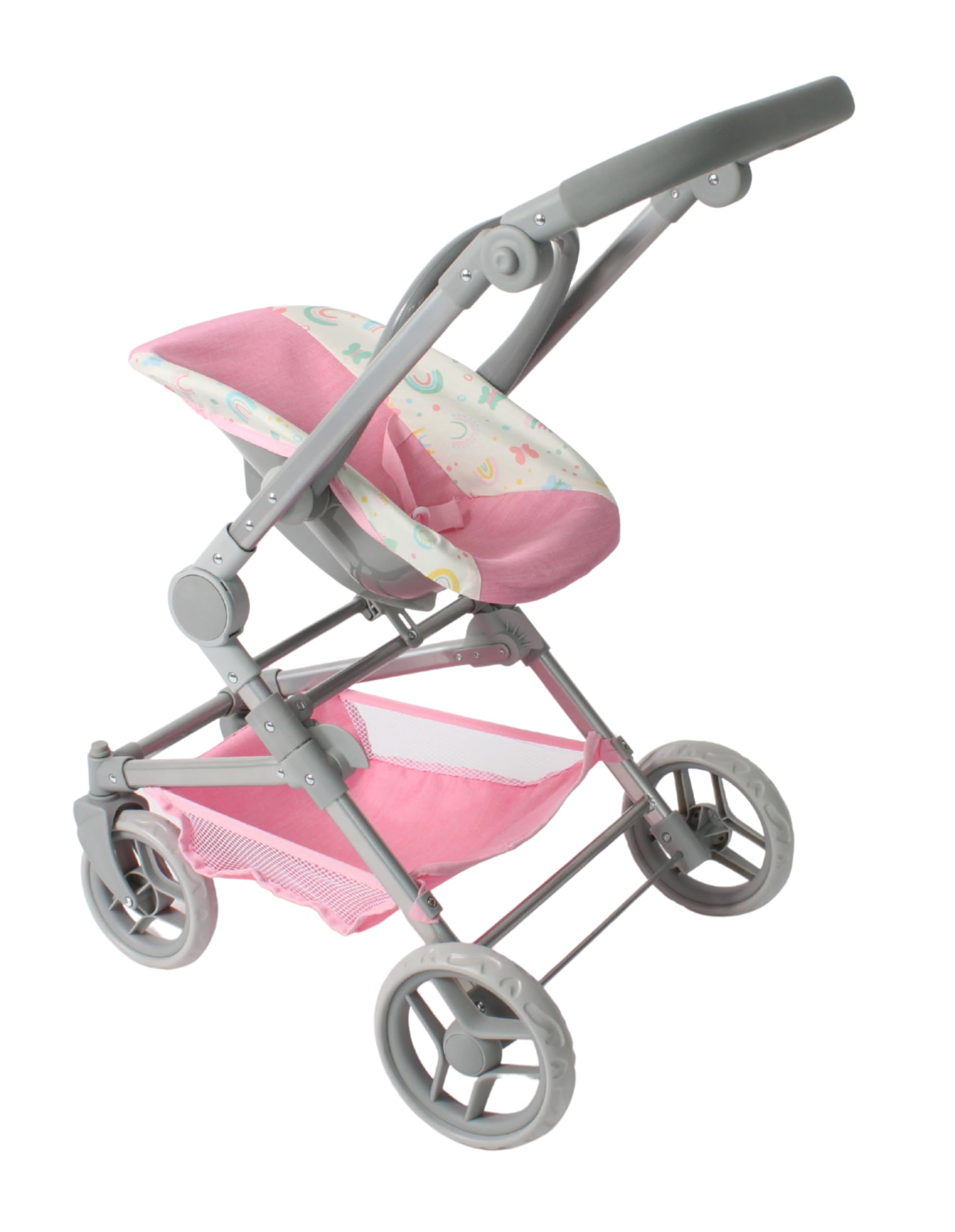 Bayer Chic 2000 - Carrozzina per bambole Fides, set passeggino 3 in 1 composto da navicella, seggiolino sportivo e seggiolino auto, farfalle, rosa