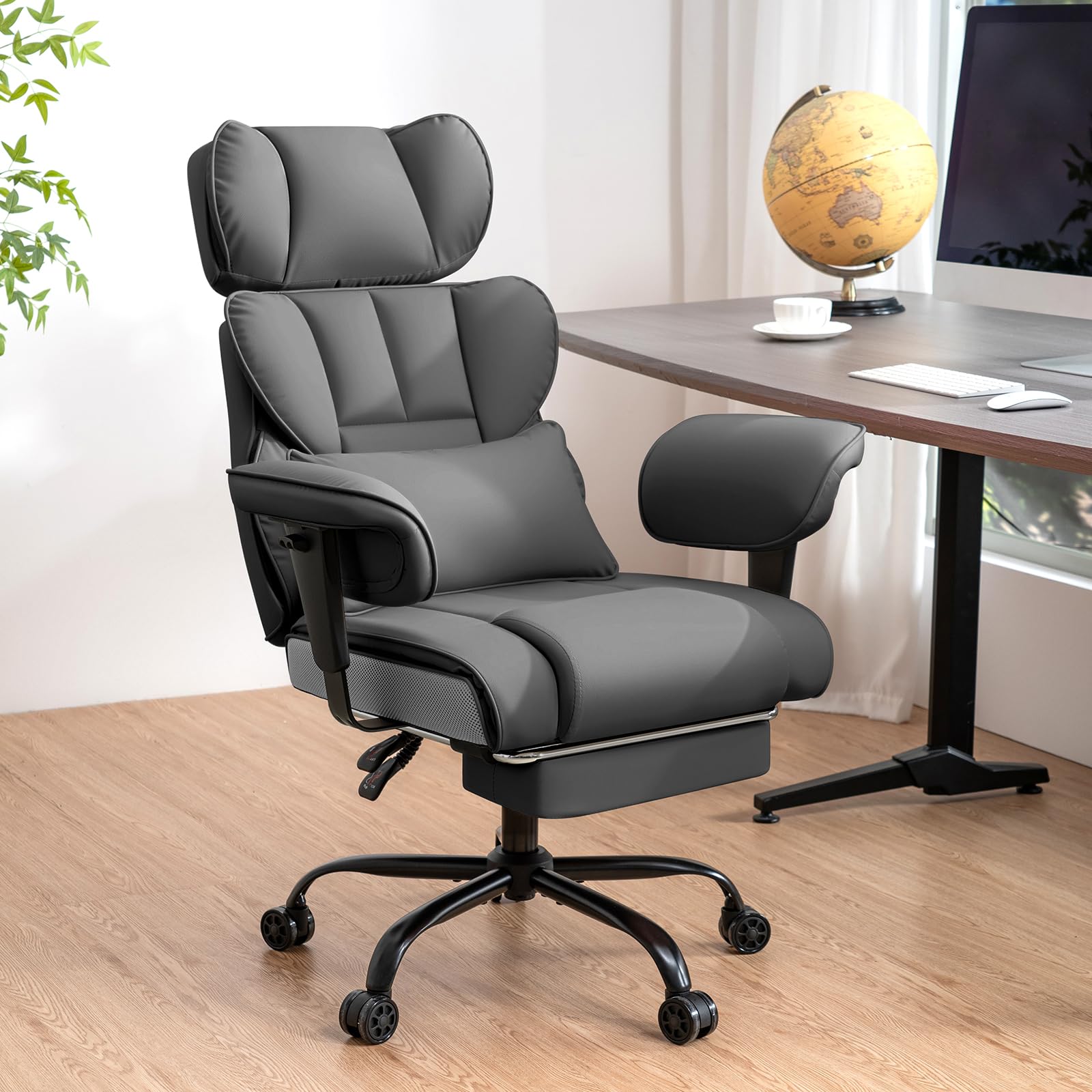 HOFFREE Ergonomischer Bürostuhl mit Fußstütze für Büro(Hellgrau) | PU Leder Chefsessel mit 155°Liegefunktion,Verstellbare Armlehnen und Kopfstütze,Gaming Stuhl 200kg für Schlafzimmer
