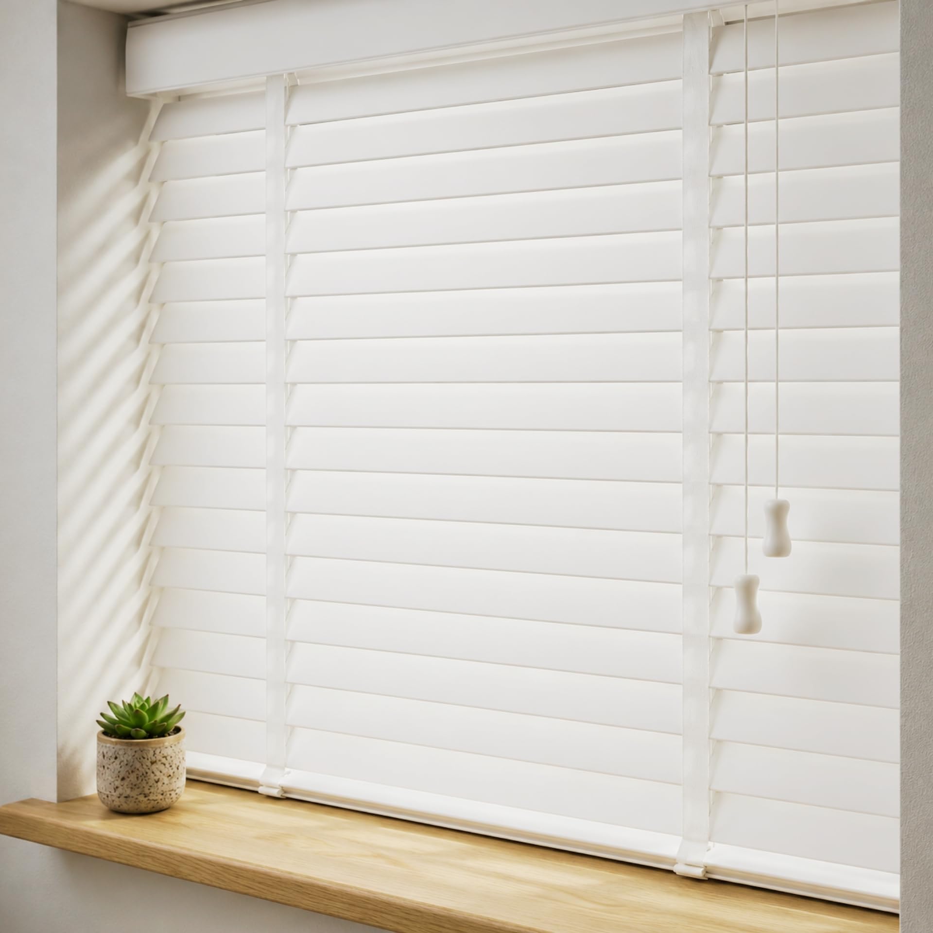 Rehan & Co Custom Made to Measure Faux Wood Blinds Wooden Grain window Venetian Blind 50mm Horizontal Smooth Slats Child Safe Window Blind (White Tape, 90Wcm x 150Hcm)