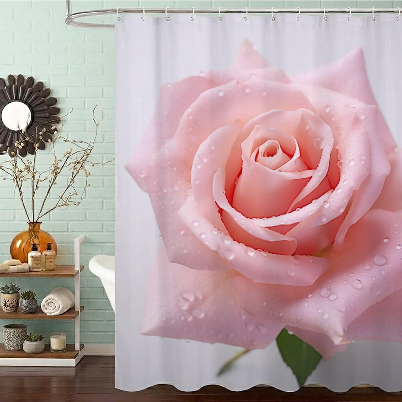 Rideau douche rose anti moisissure pour éviter l'eau sur le sol