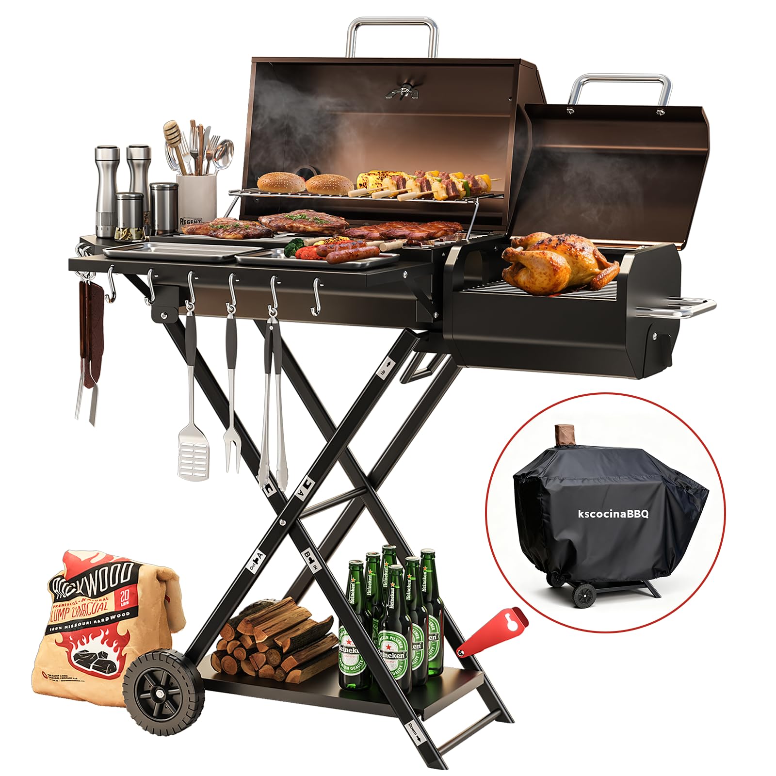 kscocinaBBQ Portable Charcoal Grill with Smoking Function, Foldable Suitcase Design with Wheels, Multi-Tier Storage Rack & Waterproof Cover for Outdoor BBQ Parties (Khaki)