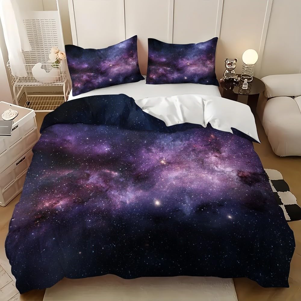 Housse de couette 3 pièces ciel étoilé fantastique microfibre hypoallergénique violette