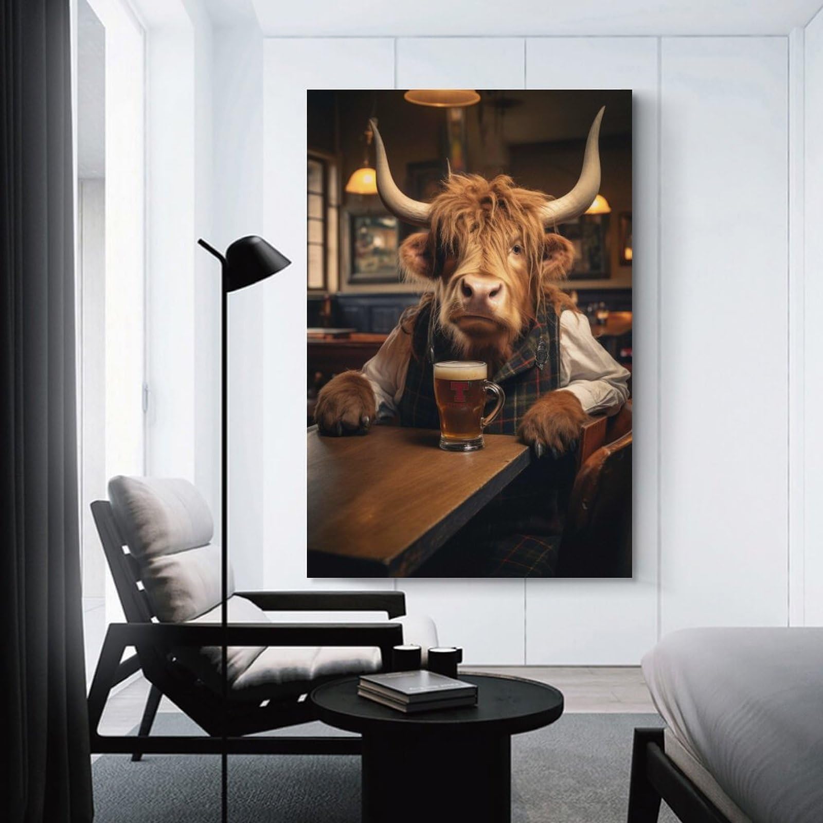 Junmoney Unframe-Style-9 Highland Cow In The Tavern Canvas Wall Decor, 12X18inch(30X45cm), For Wall Displays, Bedrooms Or Room Updates, Wall Decor Suited To Curated Displays
