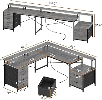 SEDETA L Shaped Desk with 6 Drawer, 108" Home Office Desk with File Drawer & Power Outlet, Corner Computer Desk with Monitor Shelf, Two Person Desk, Gaming Desk with Led Lights, Grey