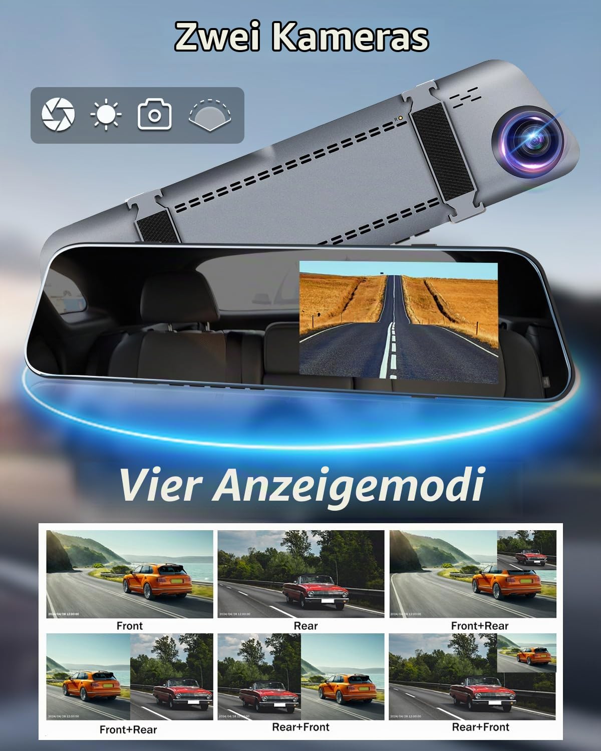 NHOPEEW Mirror Dashcam 4,7 Zoll 720P Doppelkameras für Vorder- und Rückseite - Super Nachtsicht/Loop-Aufnahme/Belichtungskorrektur - Rückfahrkamera für Autos