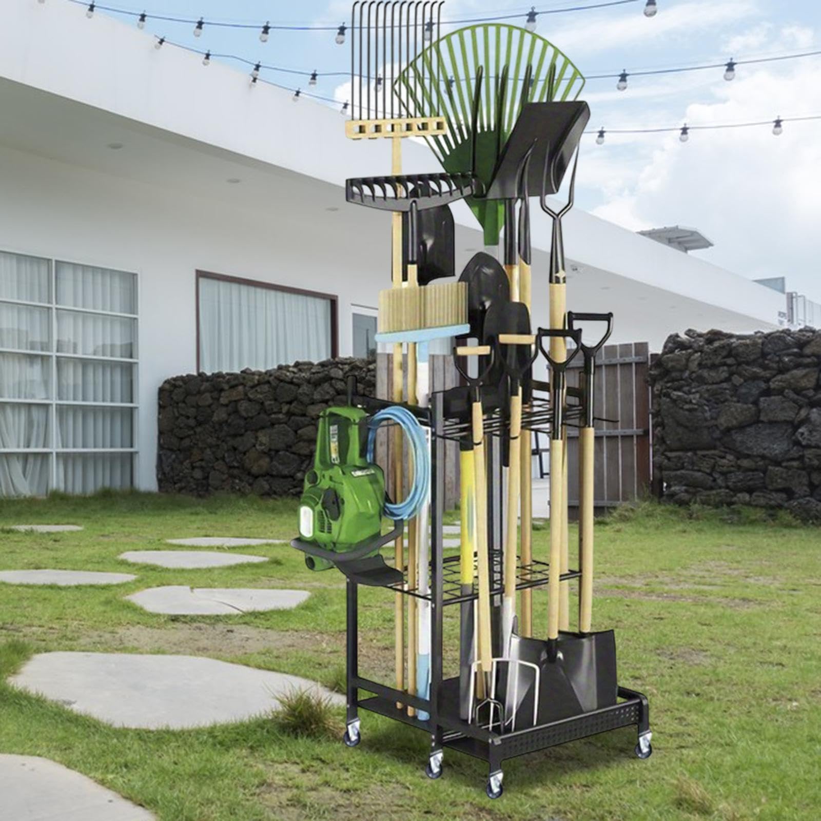 Estante De Herramientas De Jardín De Acero Resistente con Ganchos Y Ruedas para Almacenamiento En Patios, Jardines Y Patios Interiores.