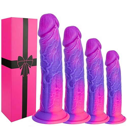 4 Größen Realistisches Soft Silikon Dildo Set (18 cm,21cm,23 cm,25cm), Butt-Plug-Trainer-Set, Fantasy Monster Long Anal Dildos dünn klein groß huge, Strap on Dildo Pink Purple mit saugnapf für frauen - 4-teiliges Set