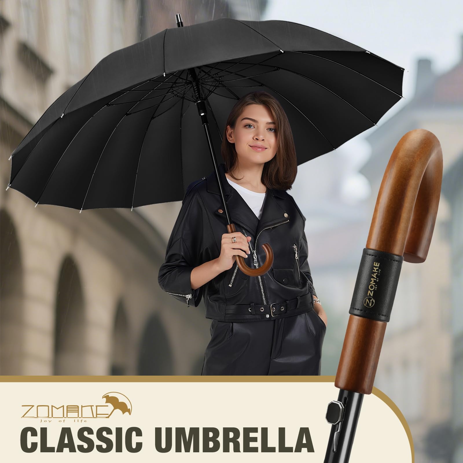 ZOMAKE Paraguas Grande XXL Antiviento 16 Varillas / 12 Varillas,120 cm Paraguas de Golf para Hombre Mujer,55 Pulgadas Parasol Largo Clásico con Bastones con Decoración de Anillas Metálicas