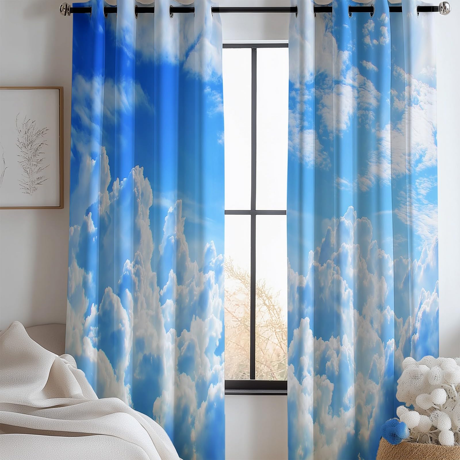 Générique Rideau Occultant Ciel Bleu Nuages Blancs, Rideaux Isolant Thermiques et Phonique - Draperies Oeillets Anti Froid Bleu pour Salon Chambre Fenêtre Décoration 110L x 215H cm 2 Panneaux