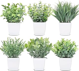 CEWOR 6 Pack Small Fake Plants for Bedroom Aesthetic Mini Artificial Greenery Potted Plants Faux Eucalyptus Plant for Home...