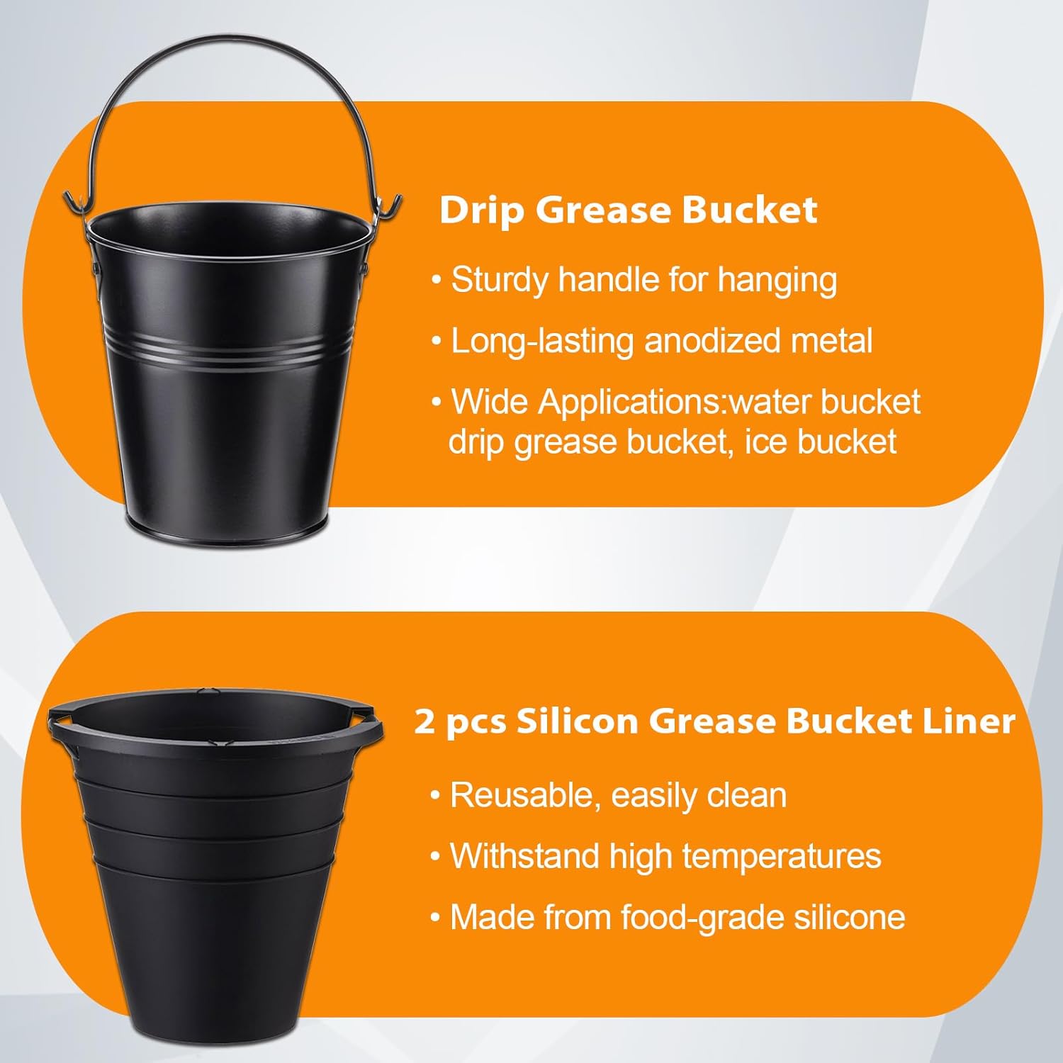 Drip Tray Grease Bucket and 2pcs Reusable siliconel Liners for Oklahoma Joe's, Traeger, Pit-Boss, Z Grill, Camp Chef, Grill Grease Bucket Fits Most Offset Smokers（Black+Black）