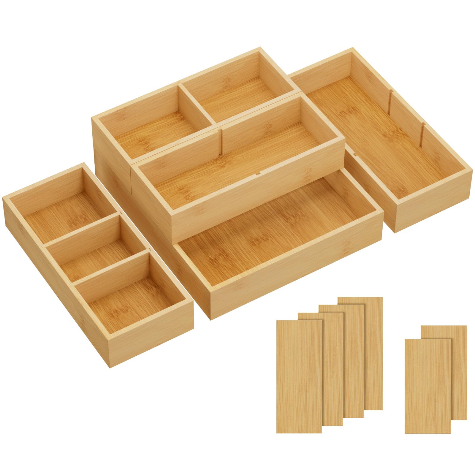 Lifewit 5er-Set Schubladen Organizer mit 6 Einsätzen, Verstellbare Aufbewahrungsbox mit 11 Fächern, Schubladenteiler aus Holz für Küchenutensilien, Make-up, Schmuck, Büro, Badezimmer