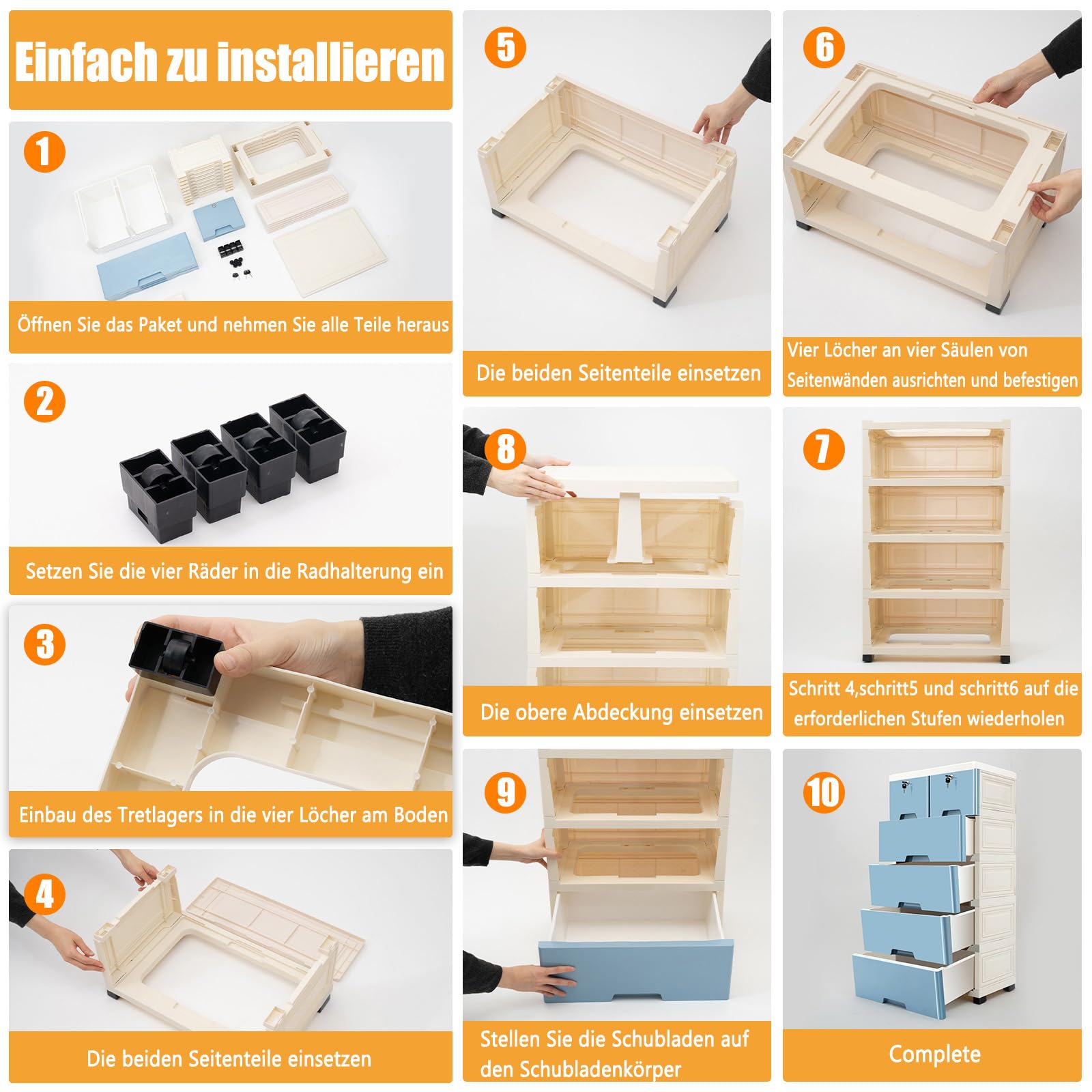 Cajonera de plástico con 6 cajones, apilable, organizador con cerradura, unidad independiente para el hogar, oficina, dormitorio, baño (azul)