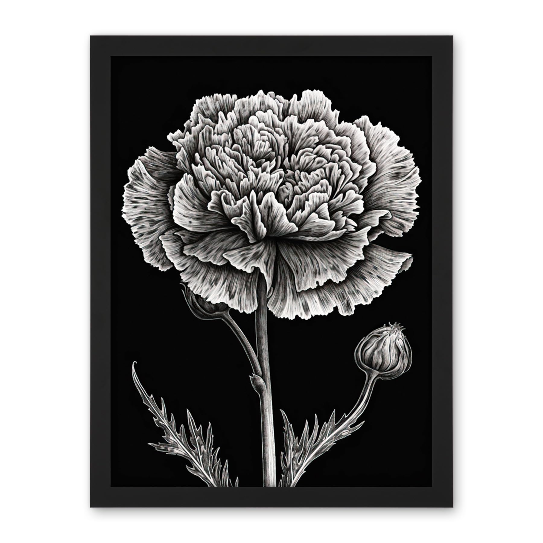 Artery8 Black and White Linocut Carnation Flower Print Artwork Framed Wall Art Print 18X24 Inch