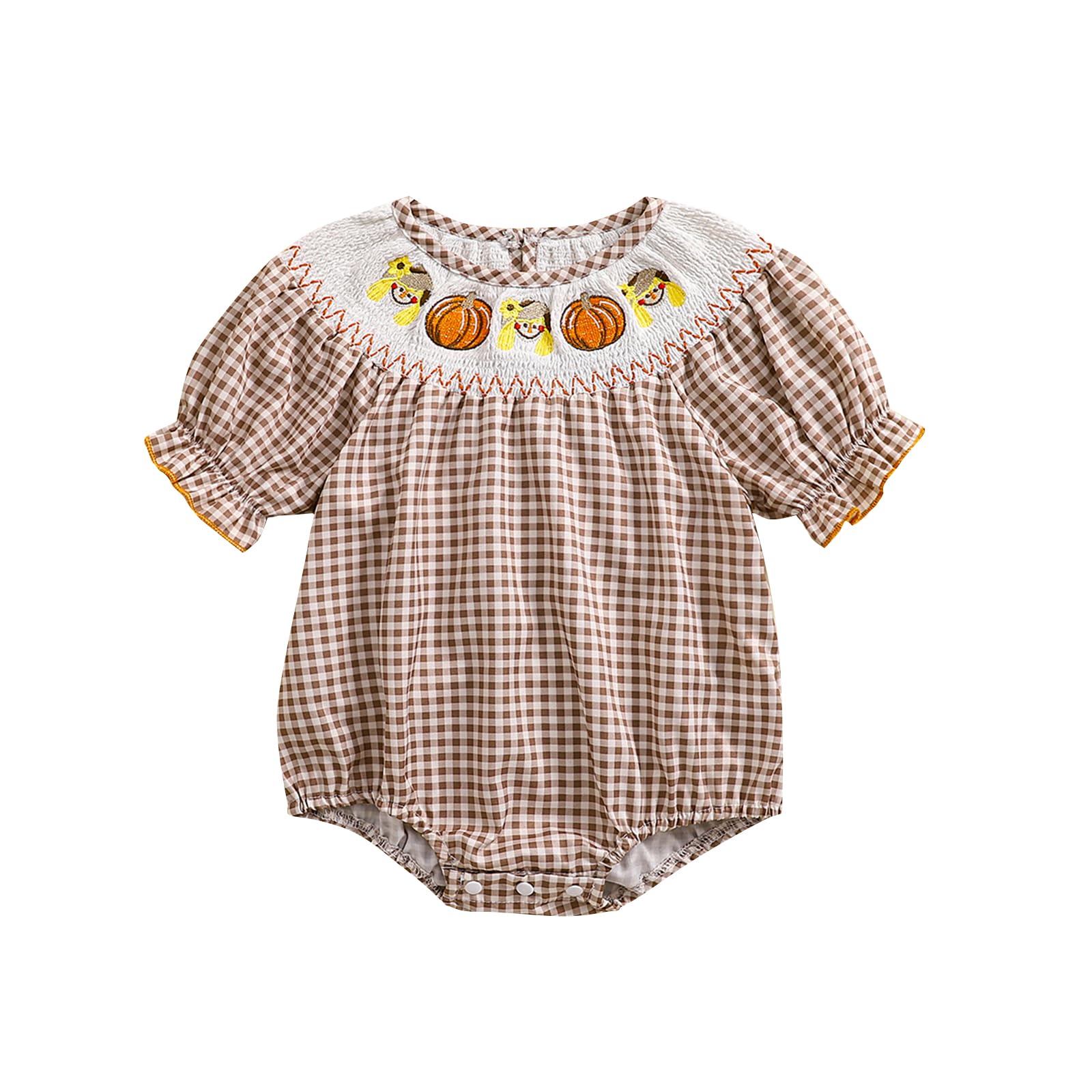 Ayalinggo Halloween Baby Girl Outfits Newborn Pumpkin Plaid Short Sleeve Smocked Bubble Romper Cute Infant Clothes (Orange, 0-3M)