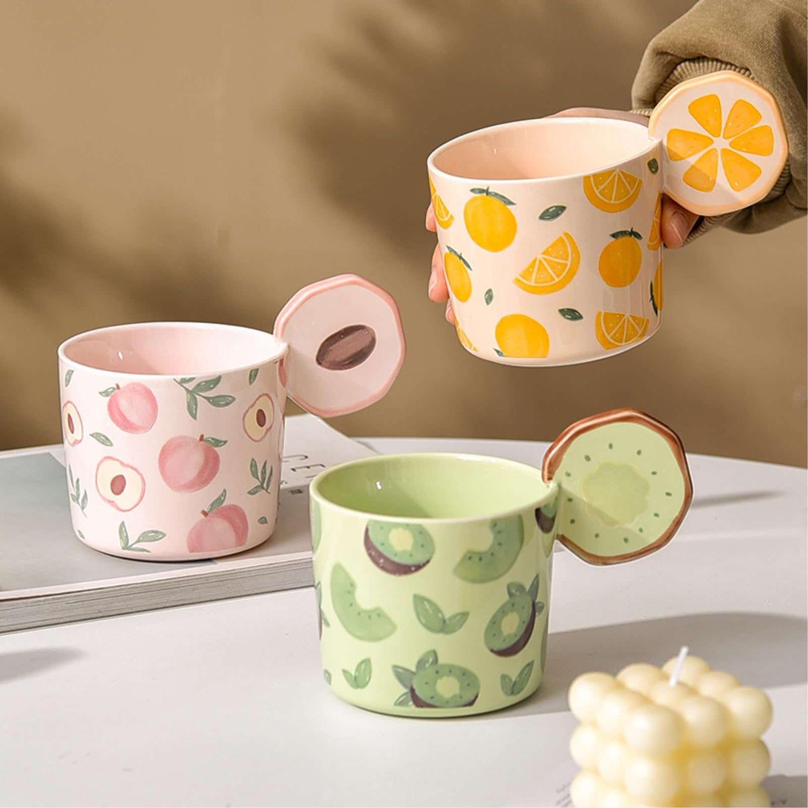 Taza de cerámica creativa de frutas de 500 ml, diseño de flores, color naranja, 500 ml
