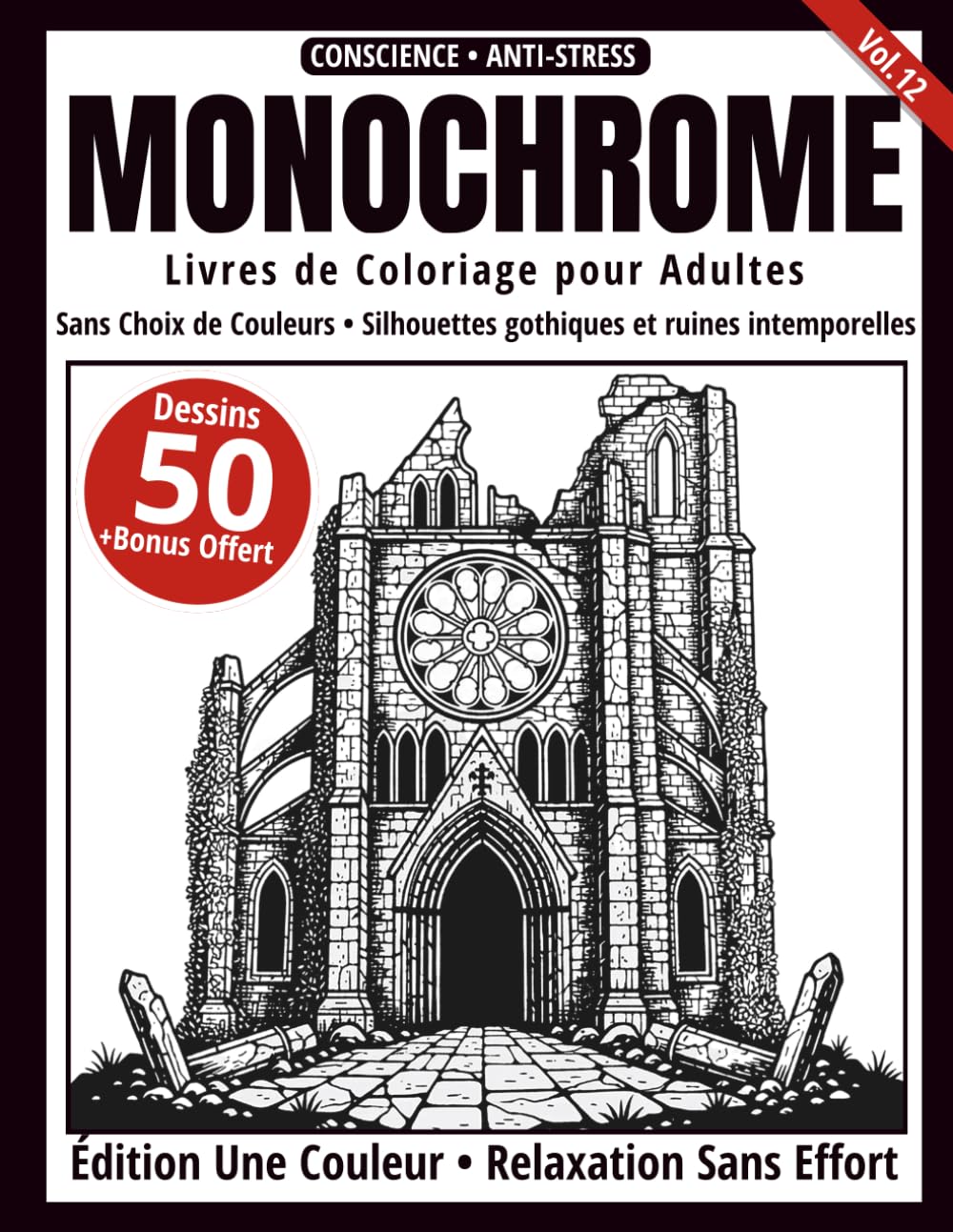 Monochrome – Livre de Coloriage Adulte en Noir et Blanc: 50 Silhouettes Gothiques et Ruines Intemporelles – Dessins en Une Seule Couleur pour Relaxation et Anti-Stress (Série Art Monochrome)