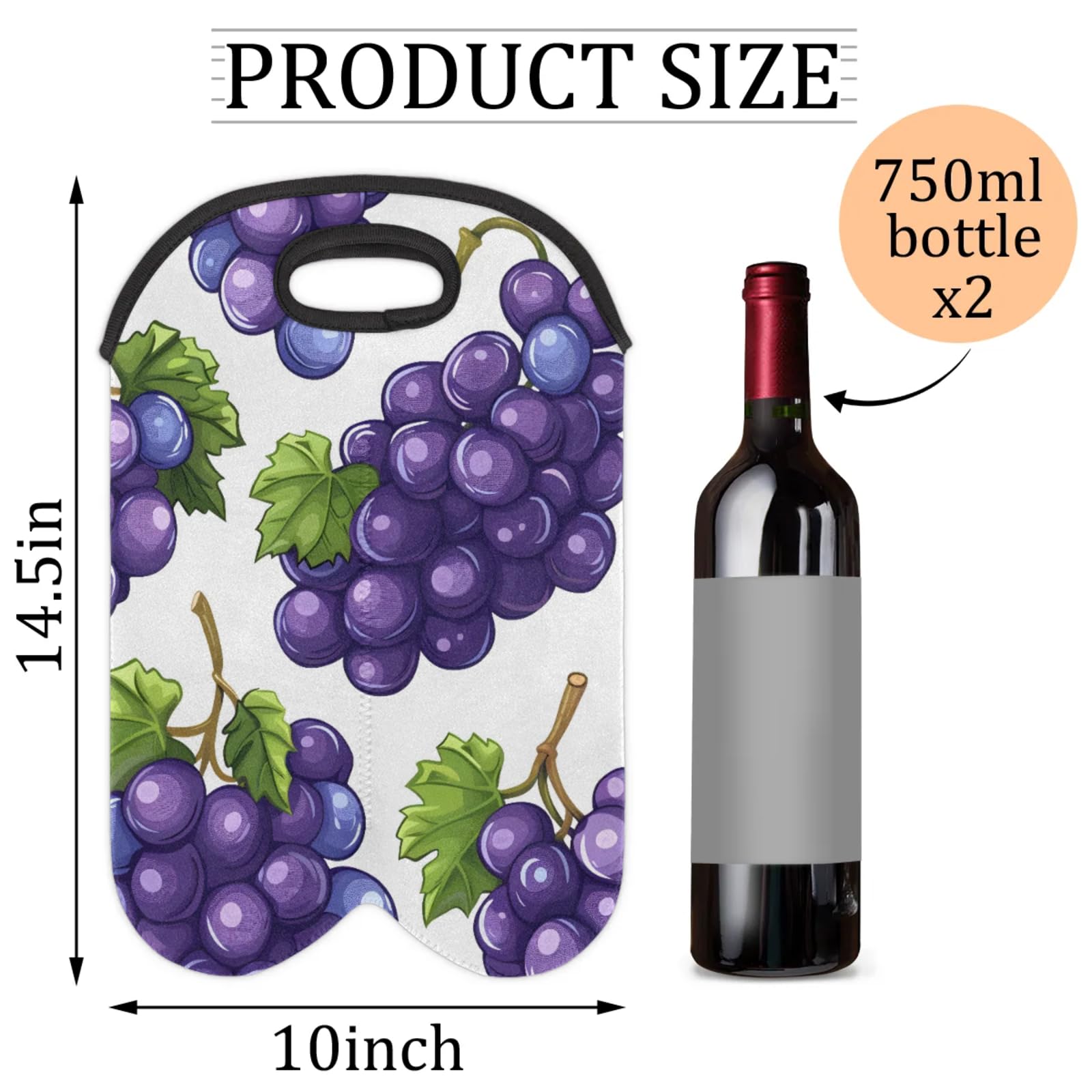 GzLeyigou 2 Bottles Grapes Wine Bag Sleeve Totes Neoprene Protective Wine Carrier Bag for Wine,Water, Champagne, Beer, Baby Bottles,Gift 14.5 x 10 Inches