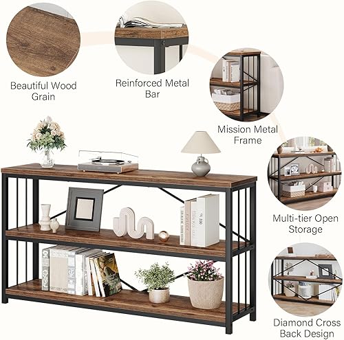 Miniatura 5 de LVB Mesa de entrada de consola industrial, mesa de sofá rústica de madera de metal con almacenamiento, estante de 3 niveles largo para pasillo,