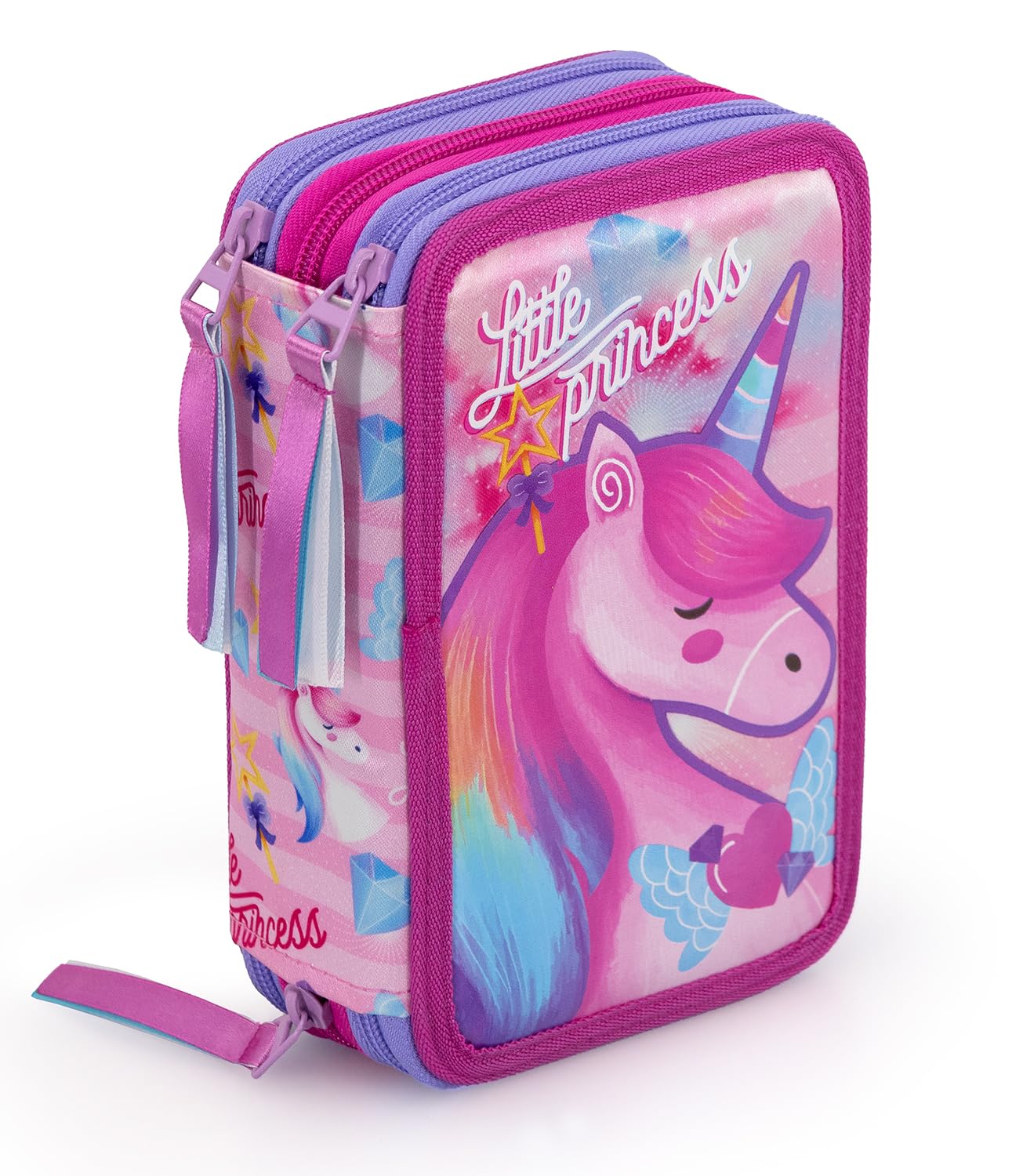 L'ERBAVOGLIO Original 3 Zip School Pencil Case Complete with 44 Pieces, Little Princess Unicorn (Fuchsia/Lilac), pen holder for kids