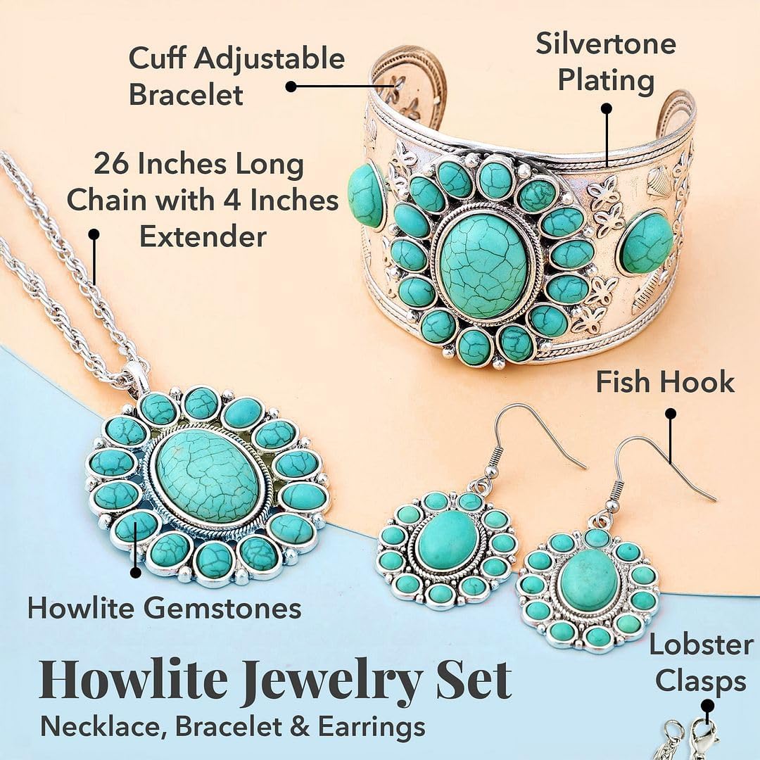 Howlite Jewelry Sets for Women - Turquoise Inspired Western Cowgirl Accessories - Statement Summer Beach Boho Necklace Earrings & Cuff Bracelet Set - Costume Jewelry Anniversary Valentines Day Gifts - Image 5