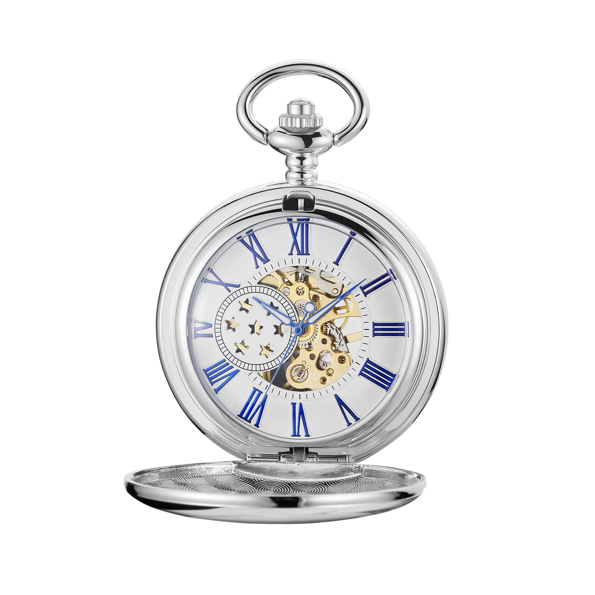 Orologio da tasca meccanico classico, in argento, con numeri romani, orologio da tasca in argento con scatola a catena, per uomo