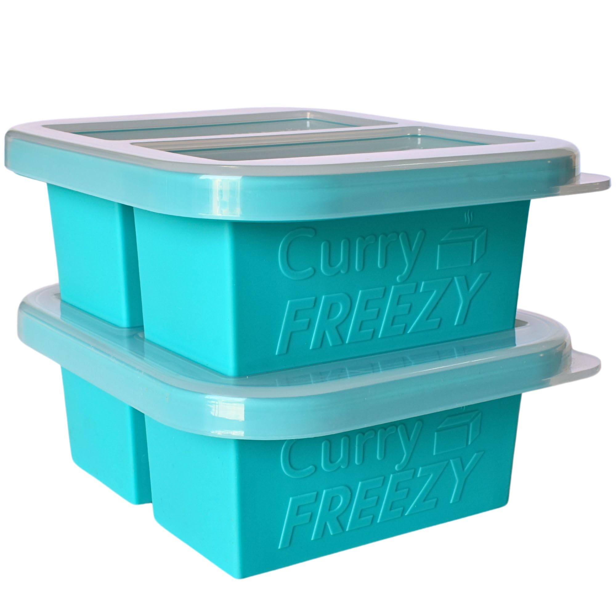 Curry Freezy Blue 1Cup Silicone Freezer Tray With Stackable Lid (2-Pack)- Compact 2 Cavity Soup Cube Freezing Molds, Food Container To Freeze, Store Soup, Sauce, Broth, Leftovers & Meal Prep 2