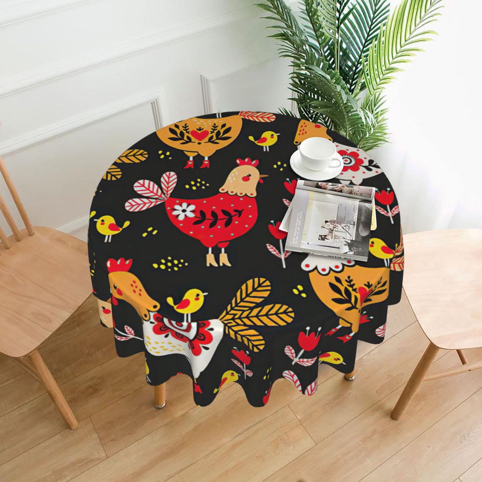 OKFSTY Cute Rooster Chickens Print Round Tablecloth 60in for Wedding Elegant Polyester Cover for Party Reception Festive Dinner