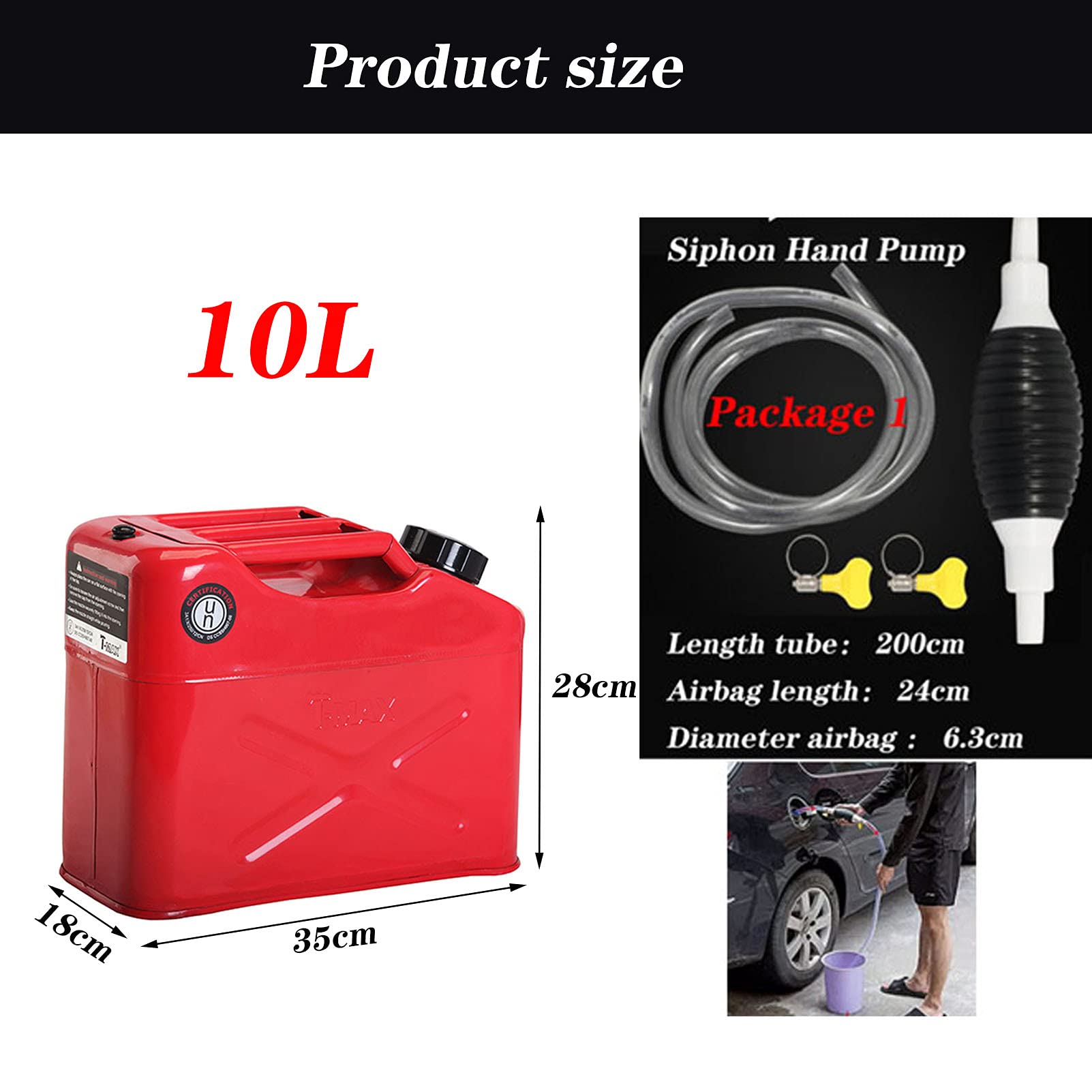 Recipientes para gasolina Lata de gasolina de 10L de metal con boquilla de metal flexible - para gasolina y líquido de aceite diesel - Bomba manual de sifón - Aprobada - con boquilla de boquilla - R
